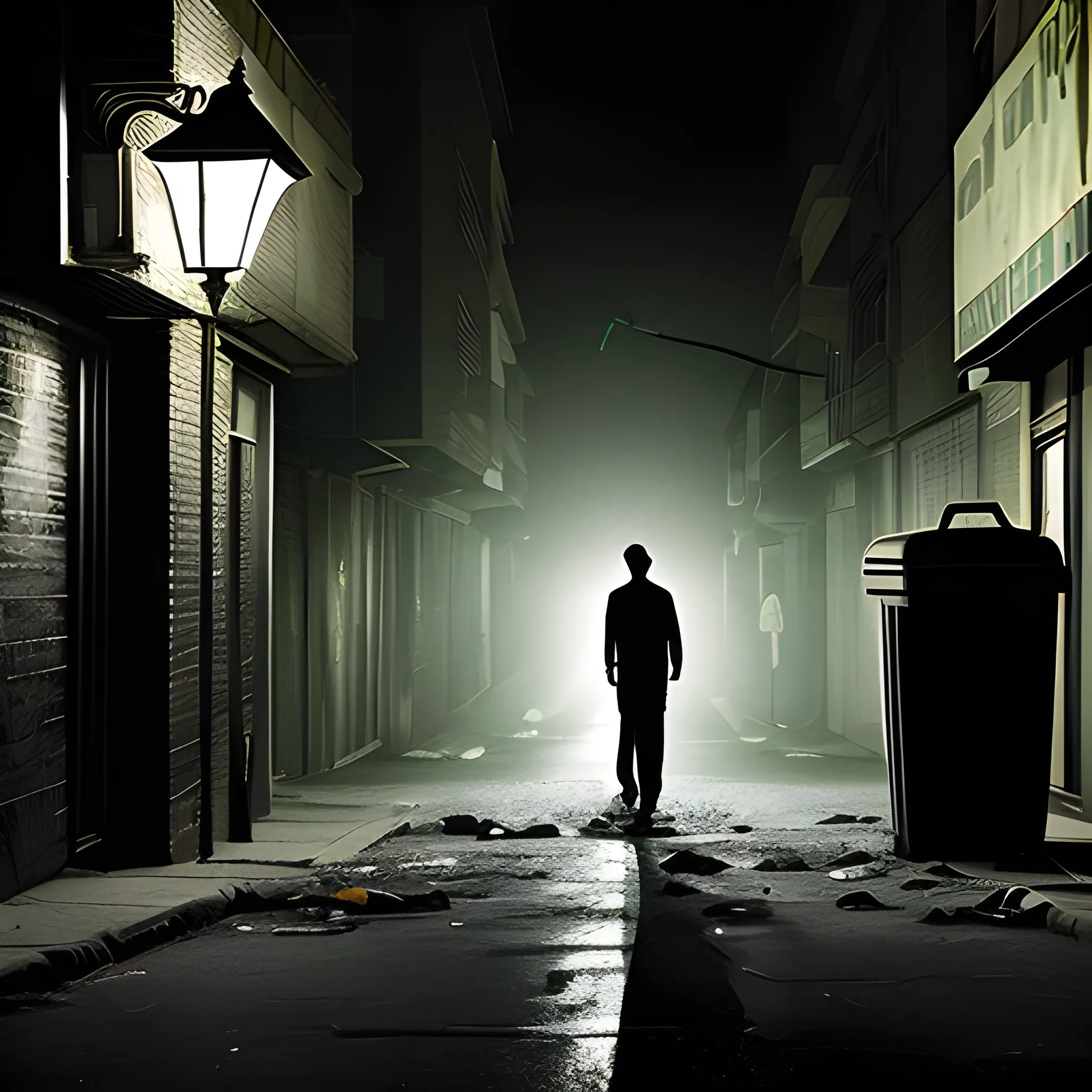 street at night in the city, intersection, one broken street lamp, alleyway opening, a garbage bin, dark silhouette figure in the alley, man in the back 
