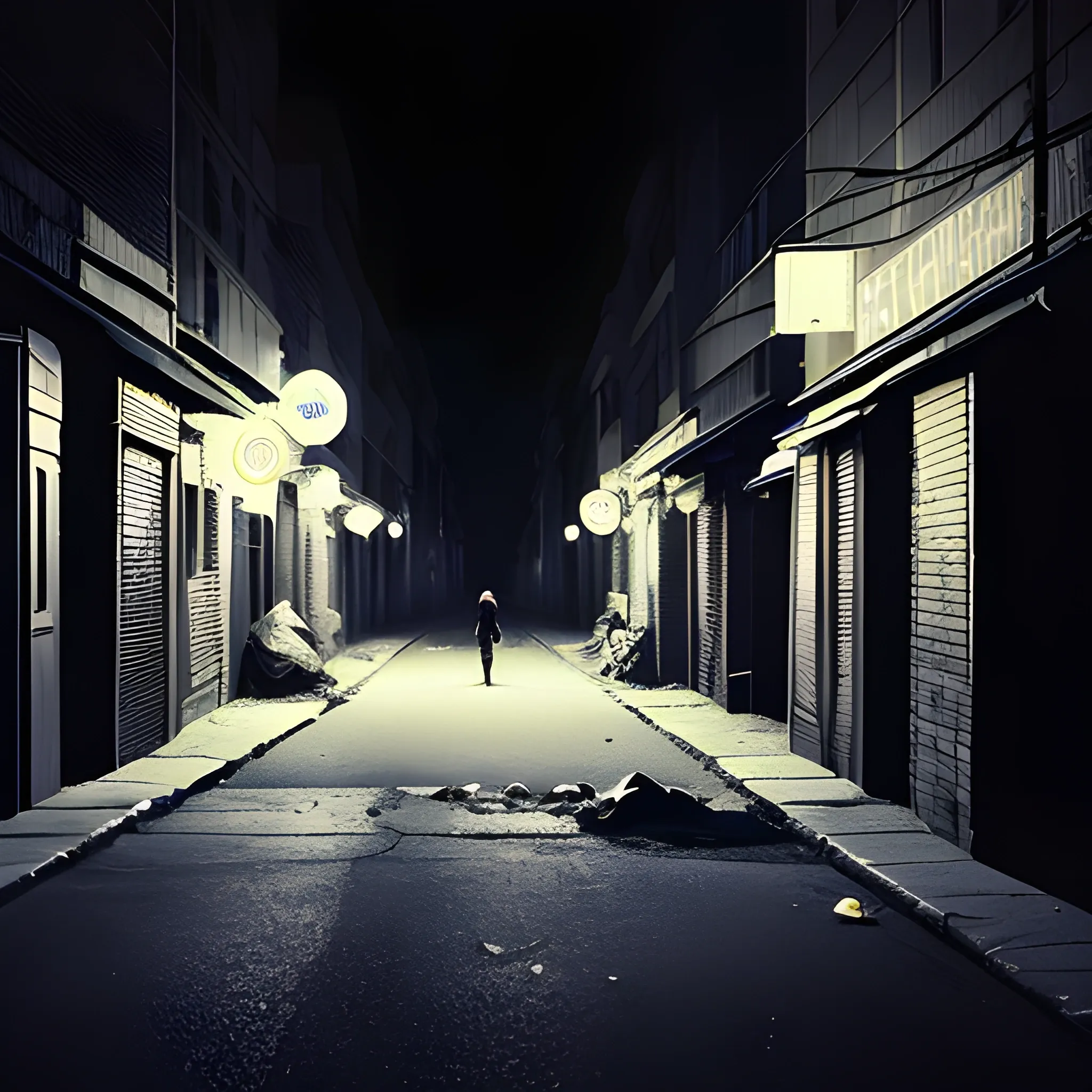 street at night in the city, intersection, one broken street lamp, alleyway opening, a garbage bin, dark silhouette figure in the alley, man in the back far away
