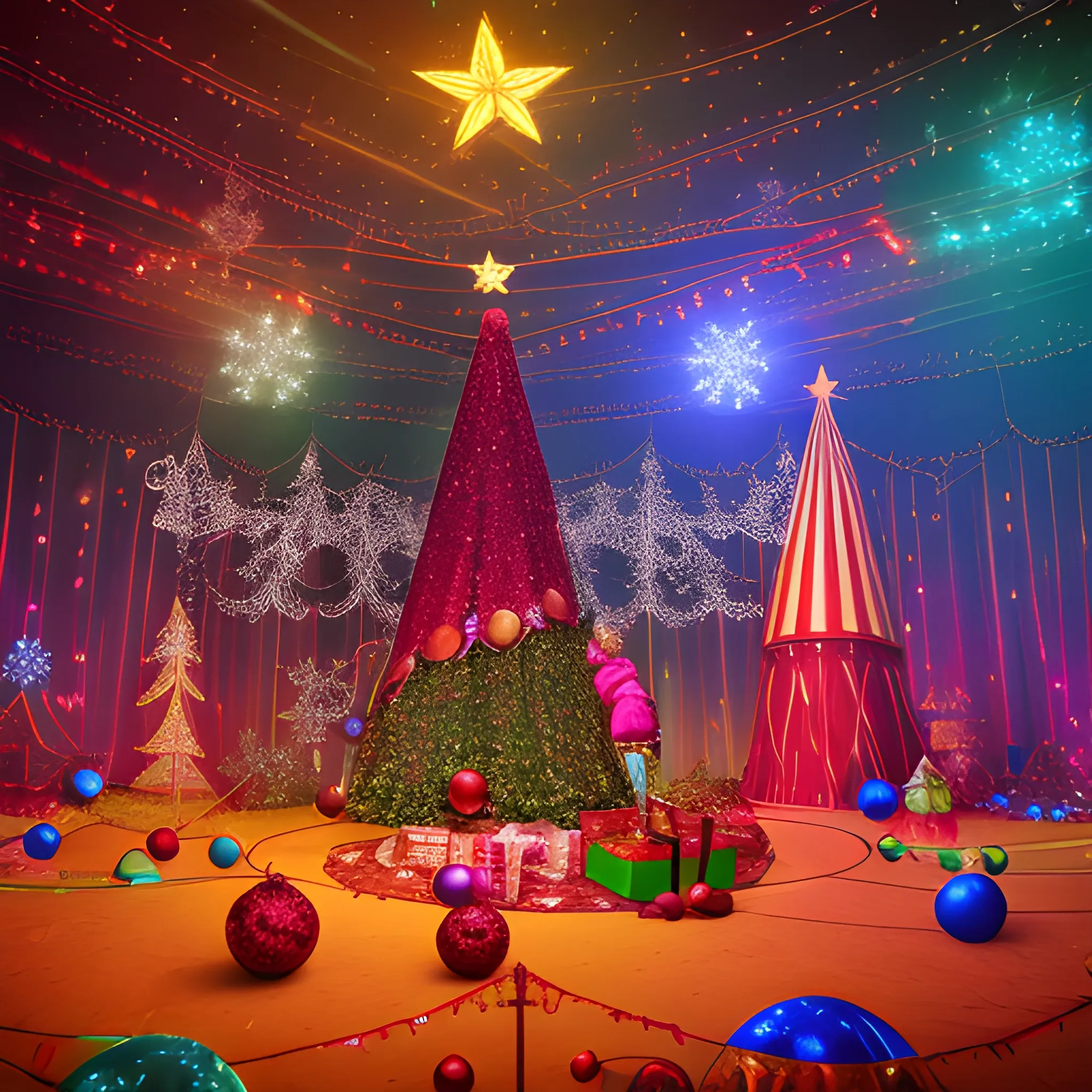 Liminal space circus with christmas decorations