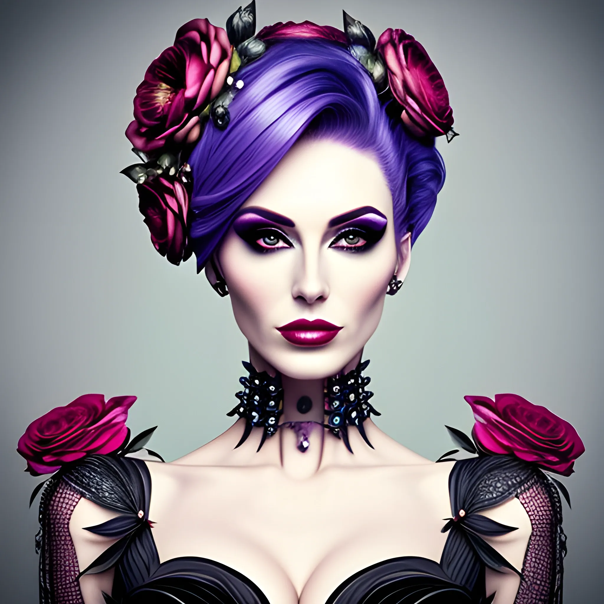 Portrait of a beautiful girl in bloom, mysterious and elegant floral punk fashion