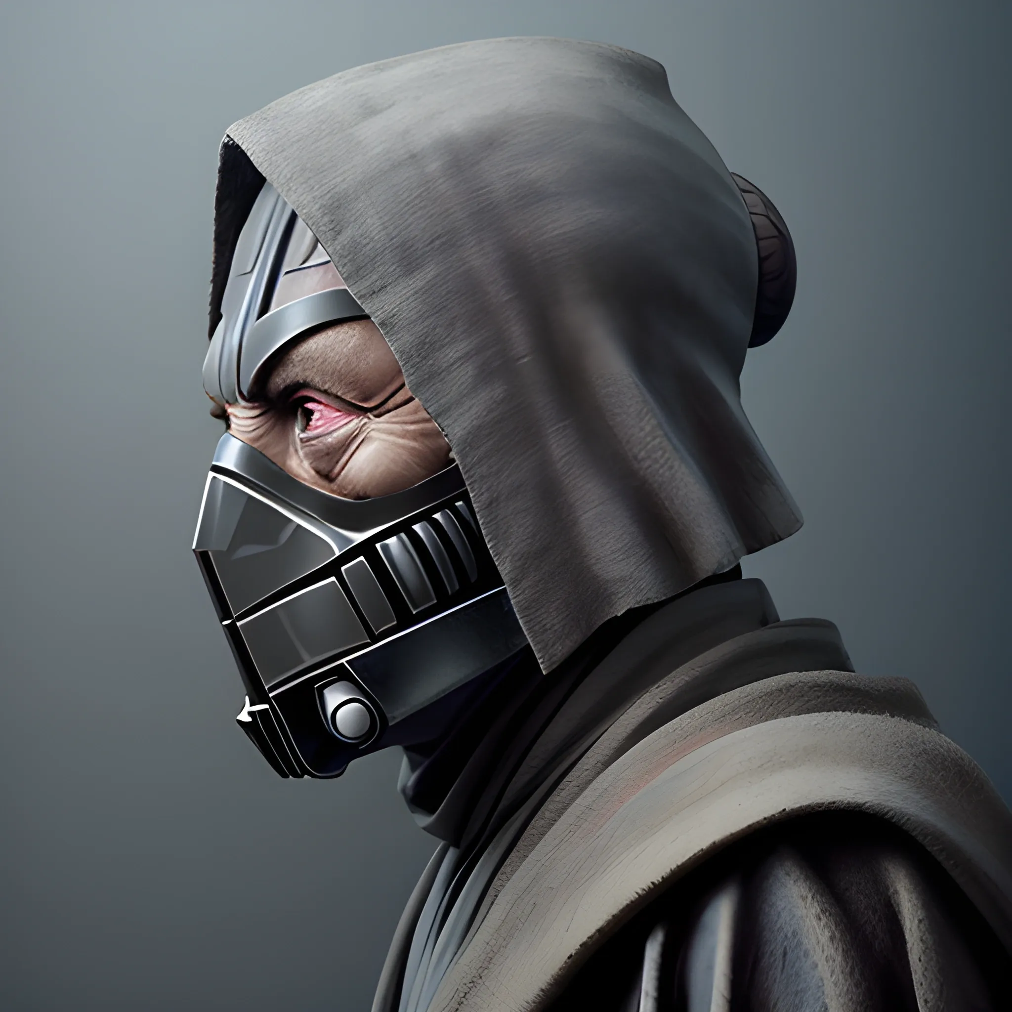 a three-quarter profile view of a character from star wars who is a grey-jedi with very tired eyes, wearing a tattered dark hood with a star wars style face mask that shows their eyes