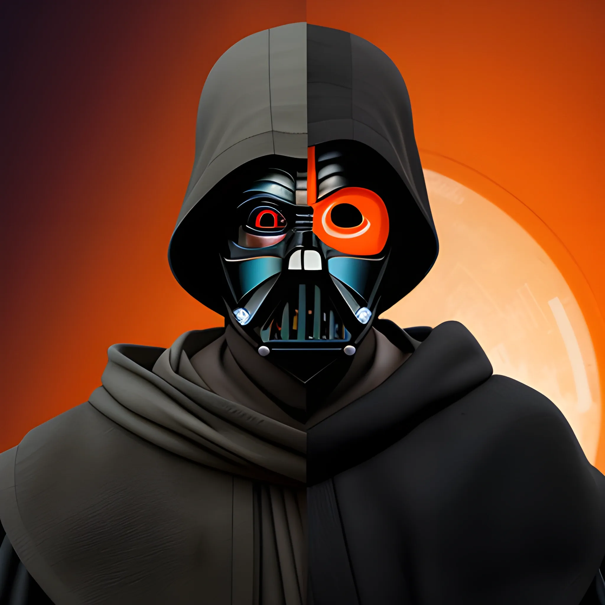 a three-quarter view of a character from star wars who is a grey-jedi with very tired orange eyes, wearing a tattered black hood with a star wars style face mask that shows their eyes and black hair