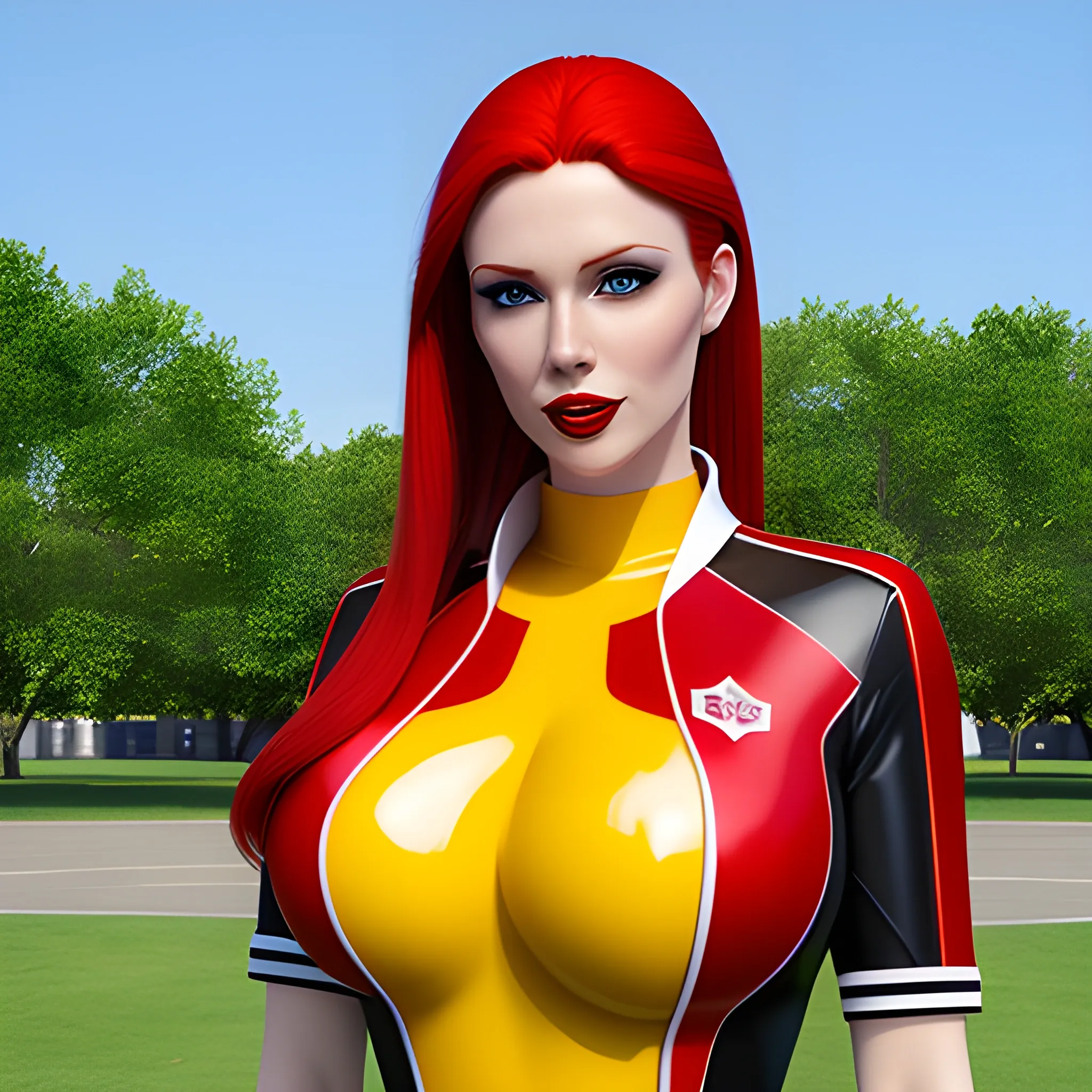 Create a photorealistic image of a red-haired female child wearing a latex English school uniform standing in front of a playground. Pretty eyes, sexy mouth, whole body visible, lots of skin, maximum details