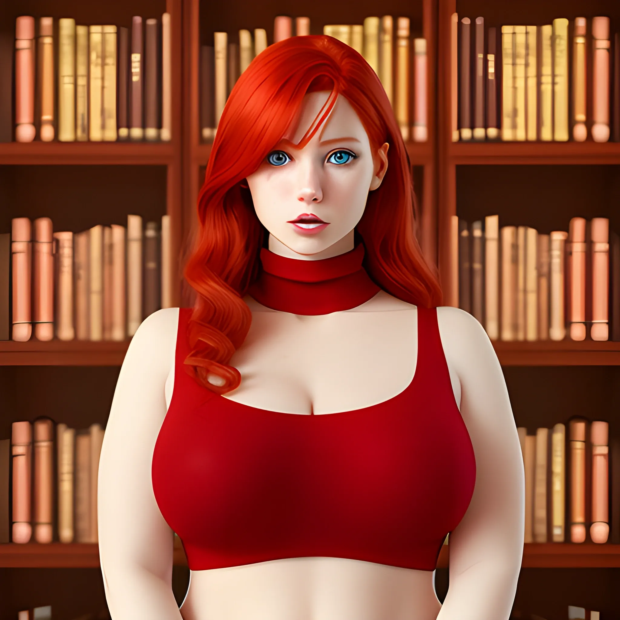 Create a photorealistic image of a red-haired female with voluptuous curves and a red turtleneck with a cutout in it's center, standing in a library. Pretty eyes, sexy mouth, whole body visible, lots of skin, maximum details