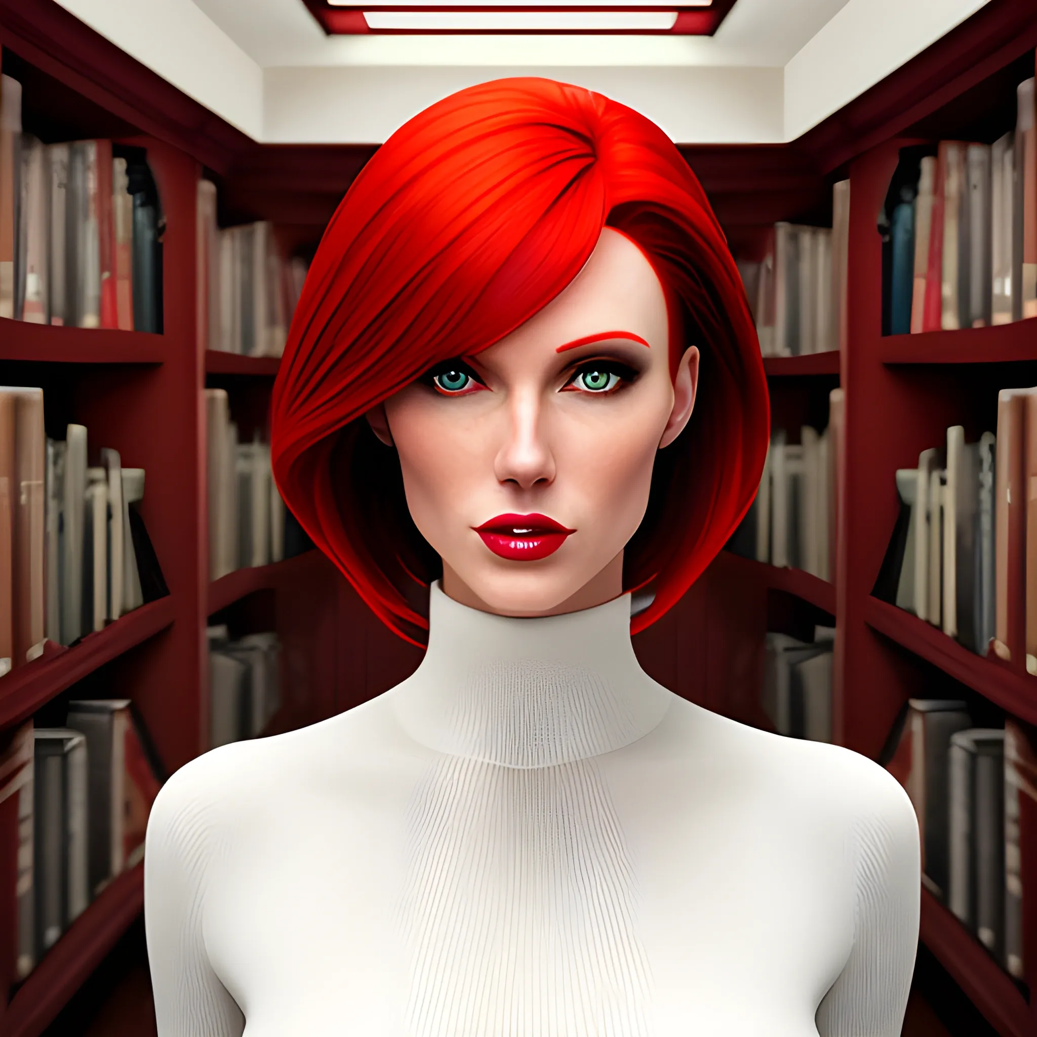 Create a photorealistic image of a red-haired female child with and a red turtleneck with a cutout in it's center, standing in a library. Pretty eyes, sexy mouth, whole body visible, lots of skin, maximum details
