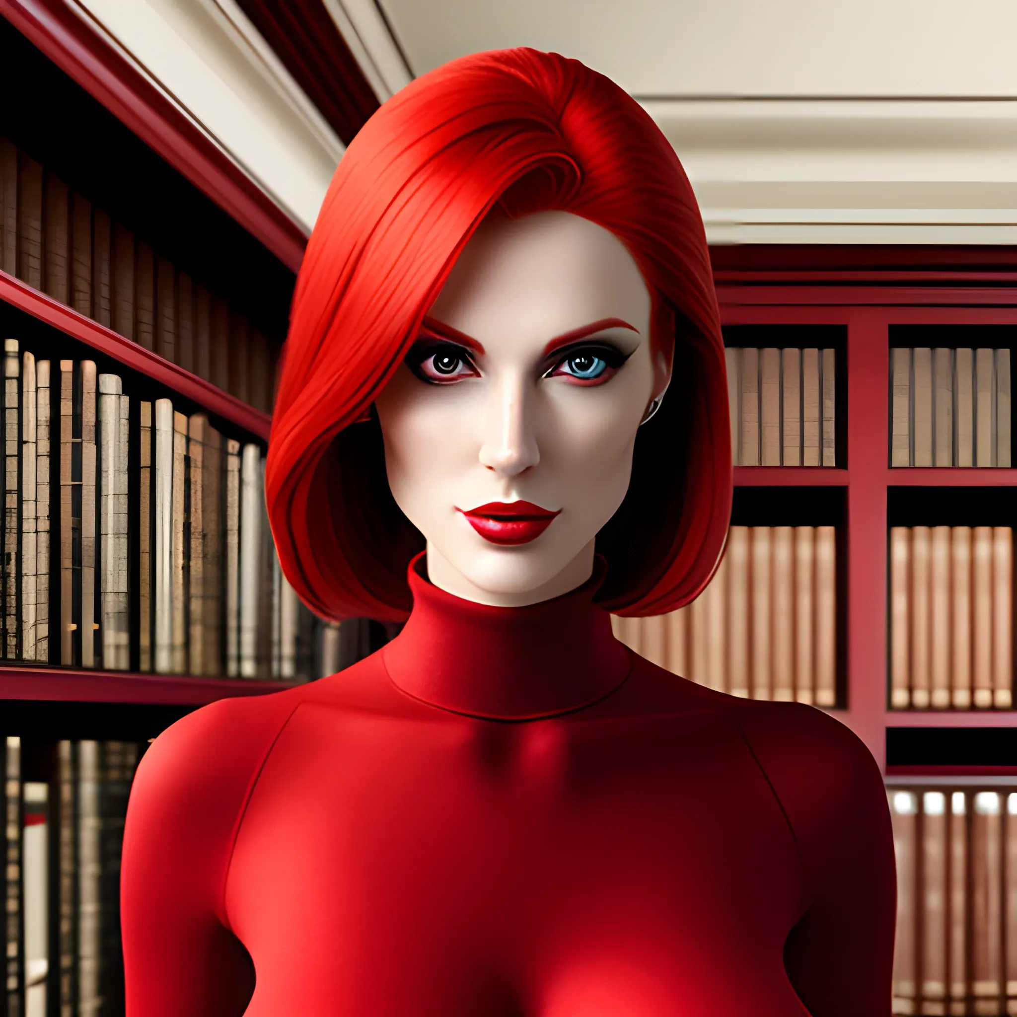 Create a photorealistic image of a red-haired female child with and a red turtleneck with a cutout in it's center, standing in a library. Pretty eyes, sexy mouth, whole body visible, lots of skin, maximum details
