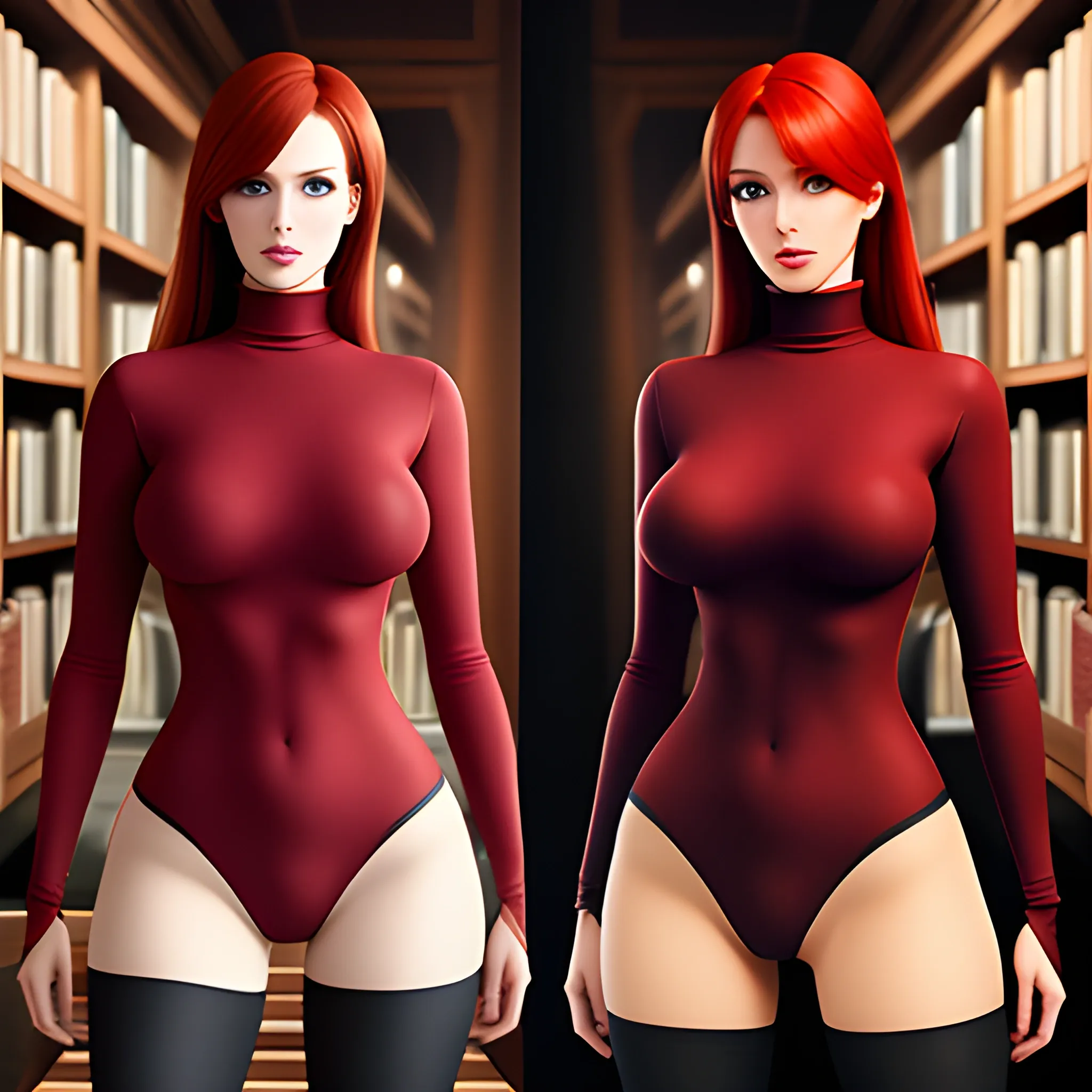 Create a photorealistic image of a red-haired female child with and a voluptuous red turtleneck with a cutout in it's center, standing in a library. Pretty eyes, sexy mouth, whole body visible, lots of skin, maximum details, anime style, 8k