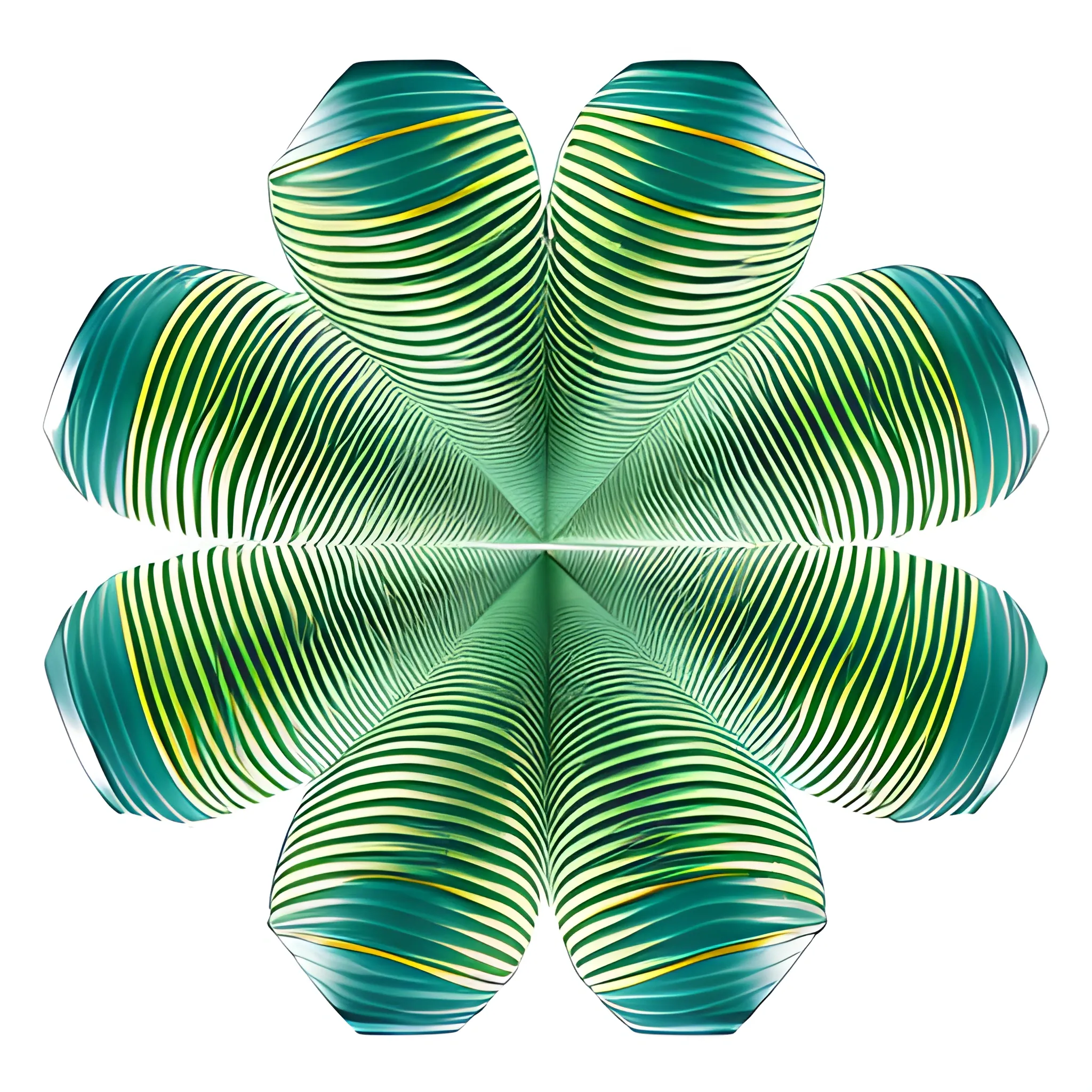 Create an image of a geometric object with a series of concentric cylinders stacked on top of each other. The cylinders should be slightly offset to create a ribbed texture. Rectangles protrude from the sides of the object to act as decorative elements. The topmost cylinder has a wavy edge. The colour of the object should be light green and it should be placed on a white background.