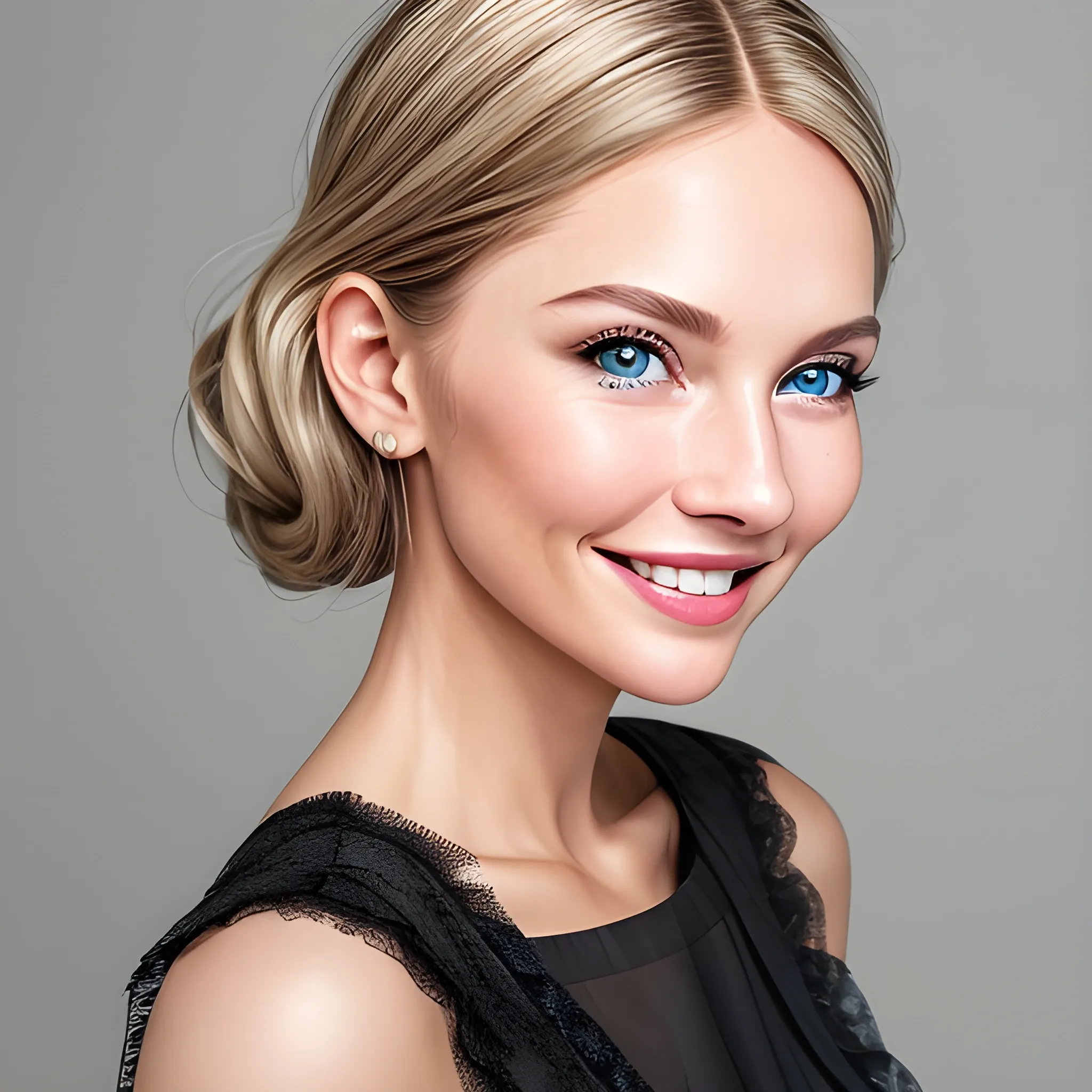 The image is a close-up portrait of a woman with striking features. She has fair skin, high cheekbones, and a warm, inviting smile that reveals pearly white teeth. Her bright blue eyes are the centerpiece of the image, giving a sense of depth and vitality. Her  hair is styled in a casual manner with some strands elegantly framing her face. She wears a black top with a hint of lace detail, suggesting a blend of comfort and sophistication. The lighting in the photo highlights her facial features and complements her complexion, adding to the overall allure and friendly aura of the image.