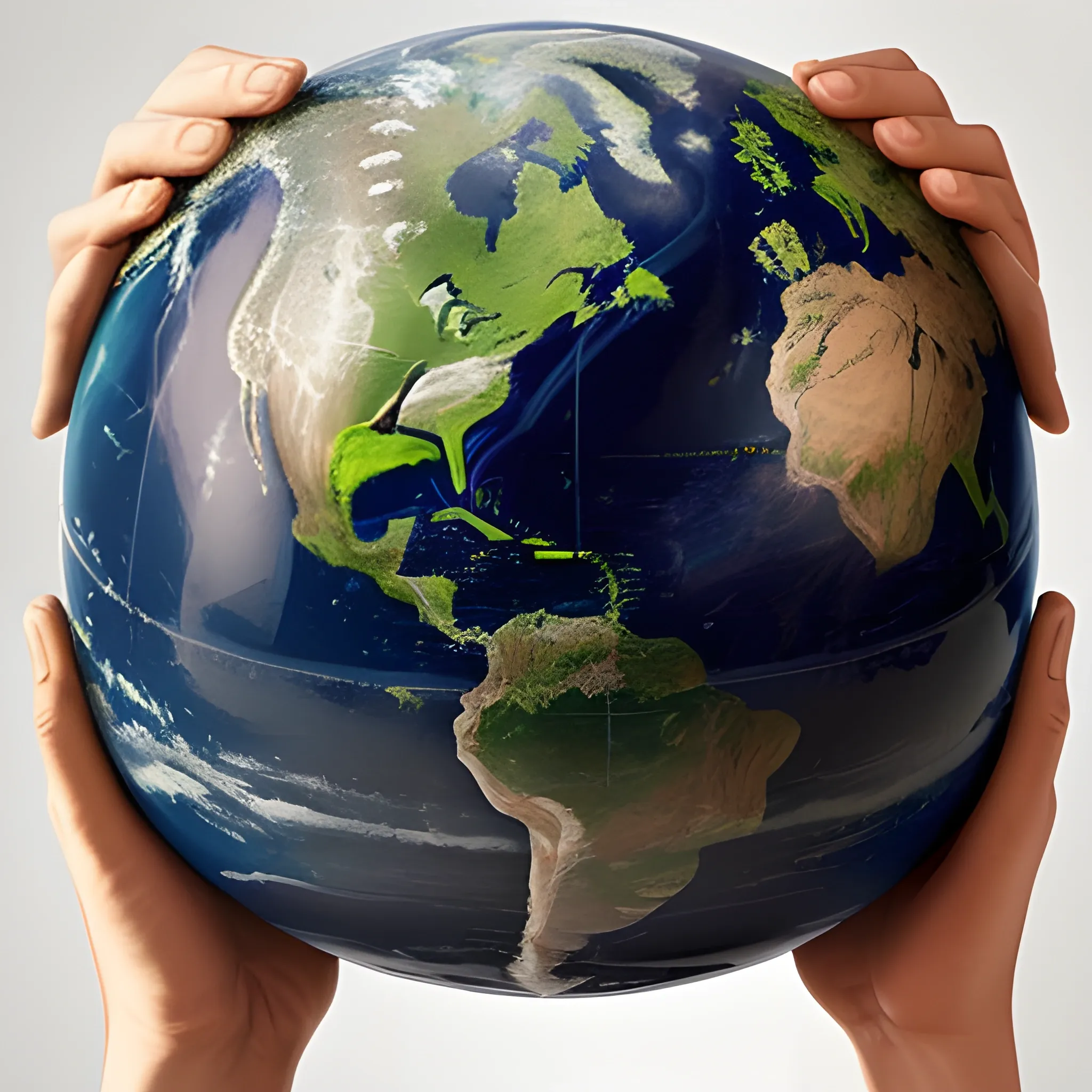 two hands rising an earth globe with continents