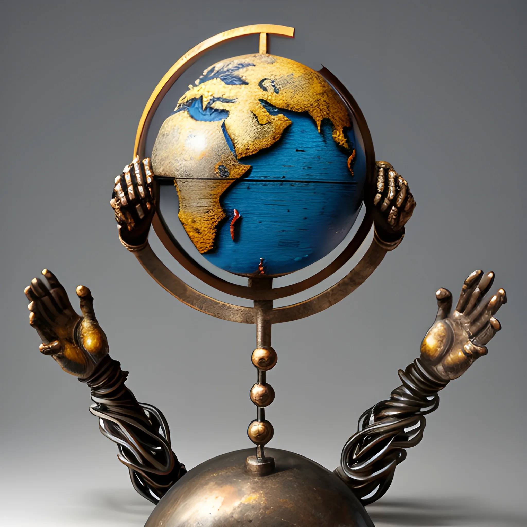 abstract metal sculpture with hands and earth globe