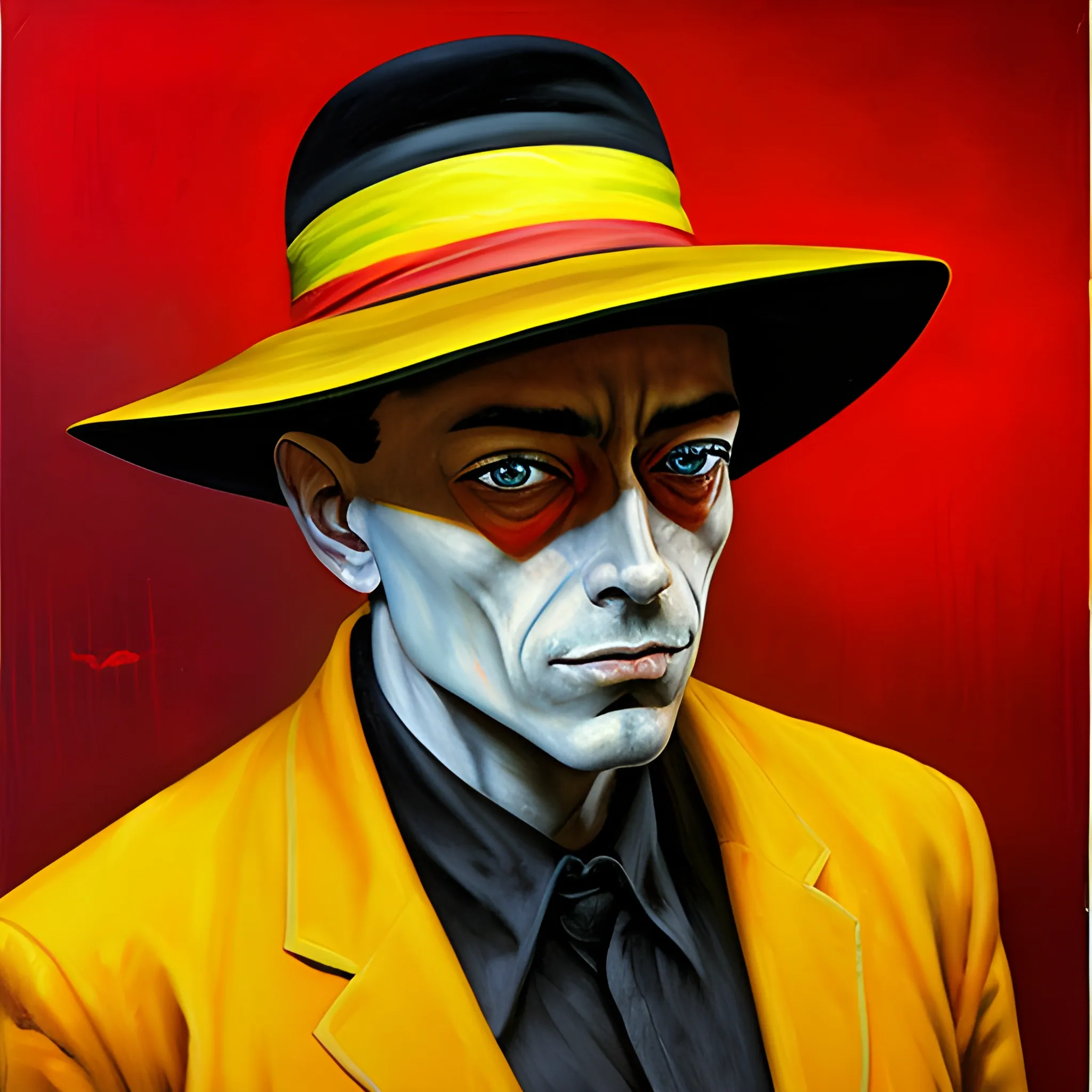 the stranger alber camus,endless world ahead, 
, Oil Painting, red and yellow and black,hat