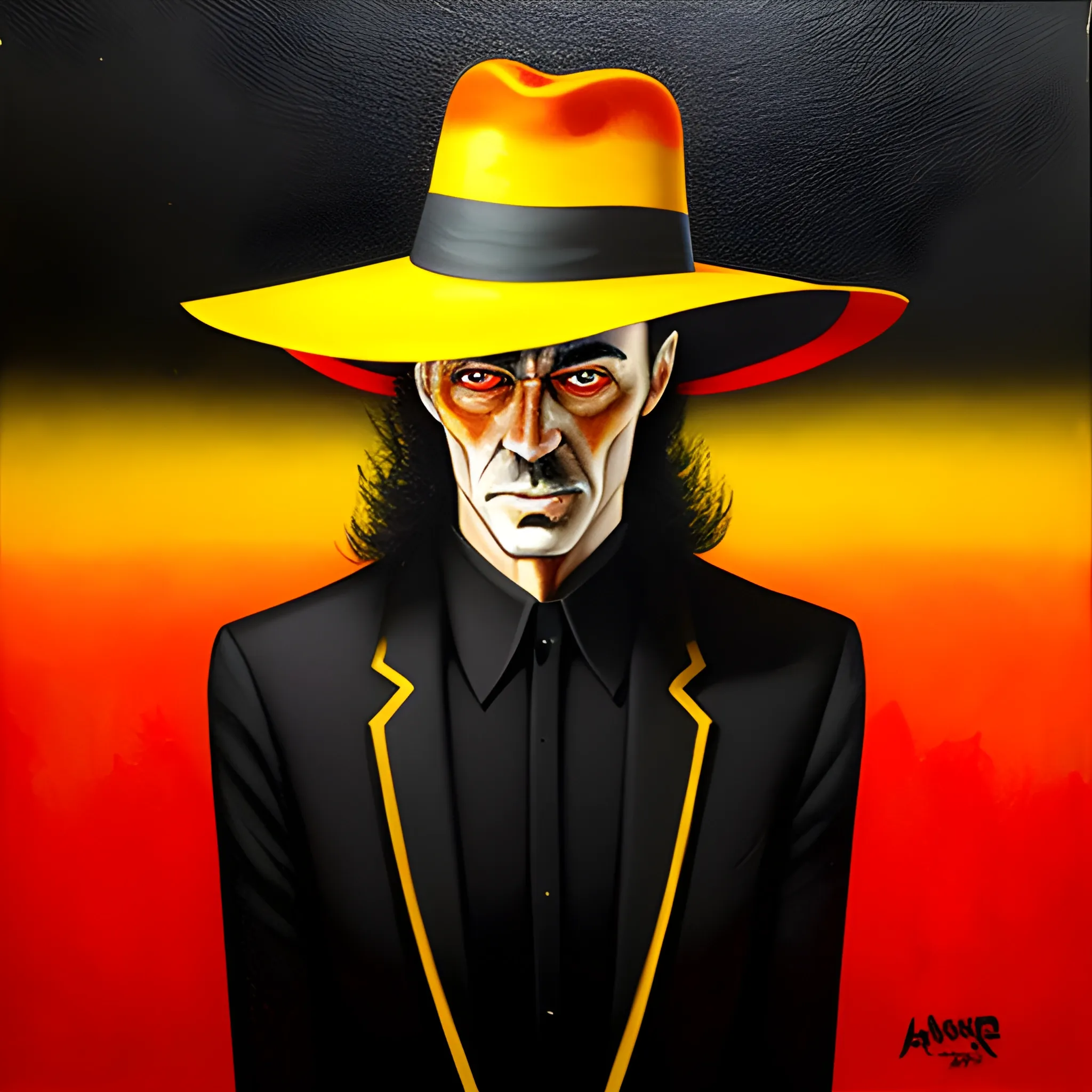 the stranger alber camus,endless world ahead, 
, Oil Painting, red and yellow and black,hat,small figure