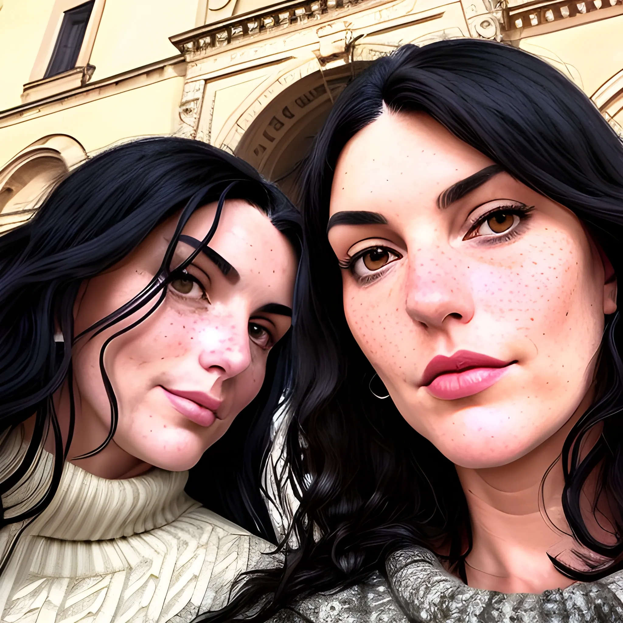 Two tall very beautiful, plus-sized, early middle-aged Italian women, freckles, with long wavy-black hair, fitted sweaters, full defined lips, looking down at the camera, up close pov, low angle, touching