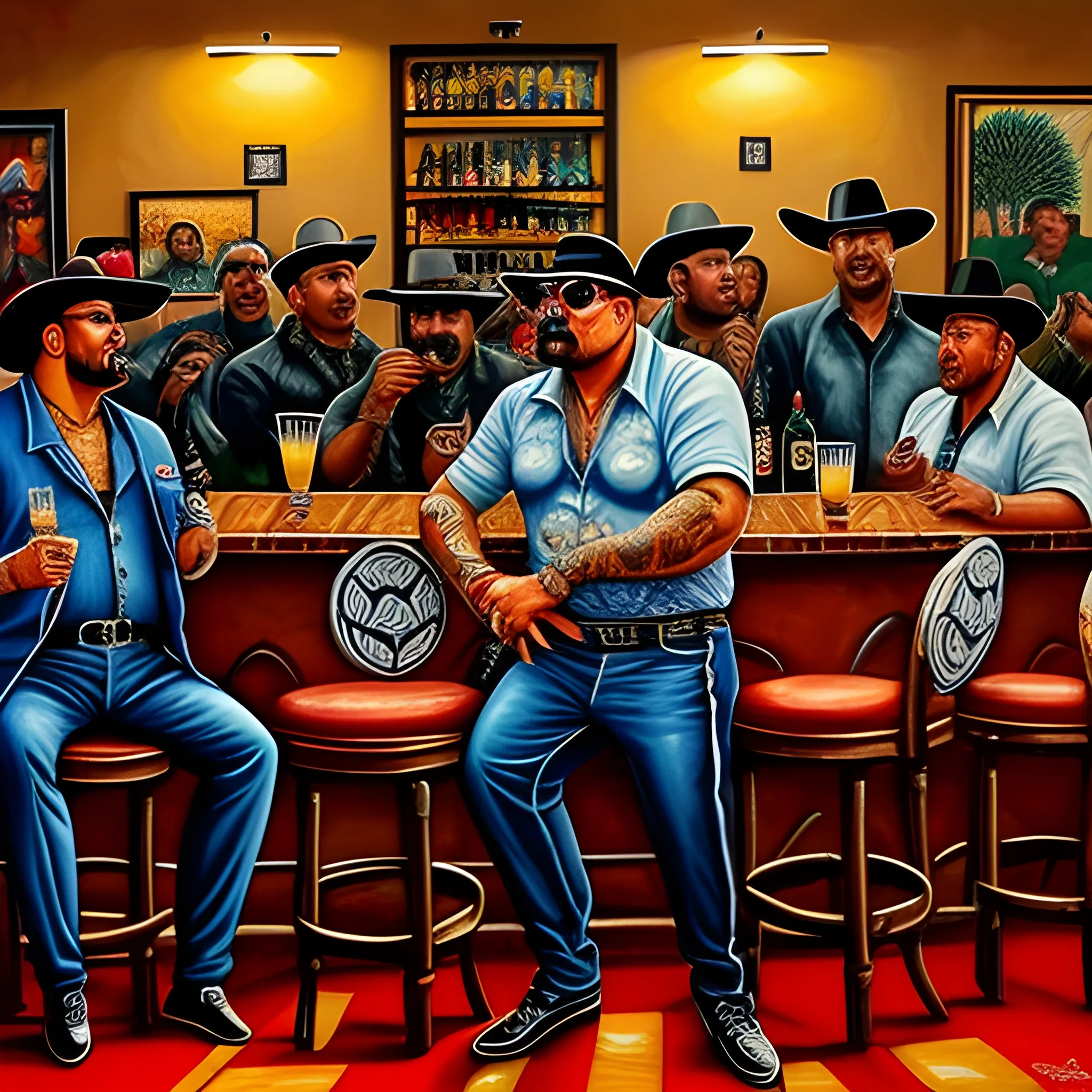 It is a painting where in the foreground is a group of Mexican mafia teenagers rappers negotiating while talking in a bar in Culiacán, Sinaloa. In the background, a musical band plays corridos. The painting has a hyperrealistic style of oil on canvas, Oil Painting