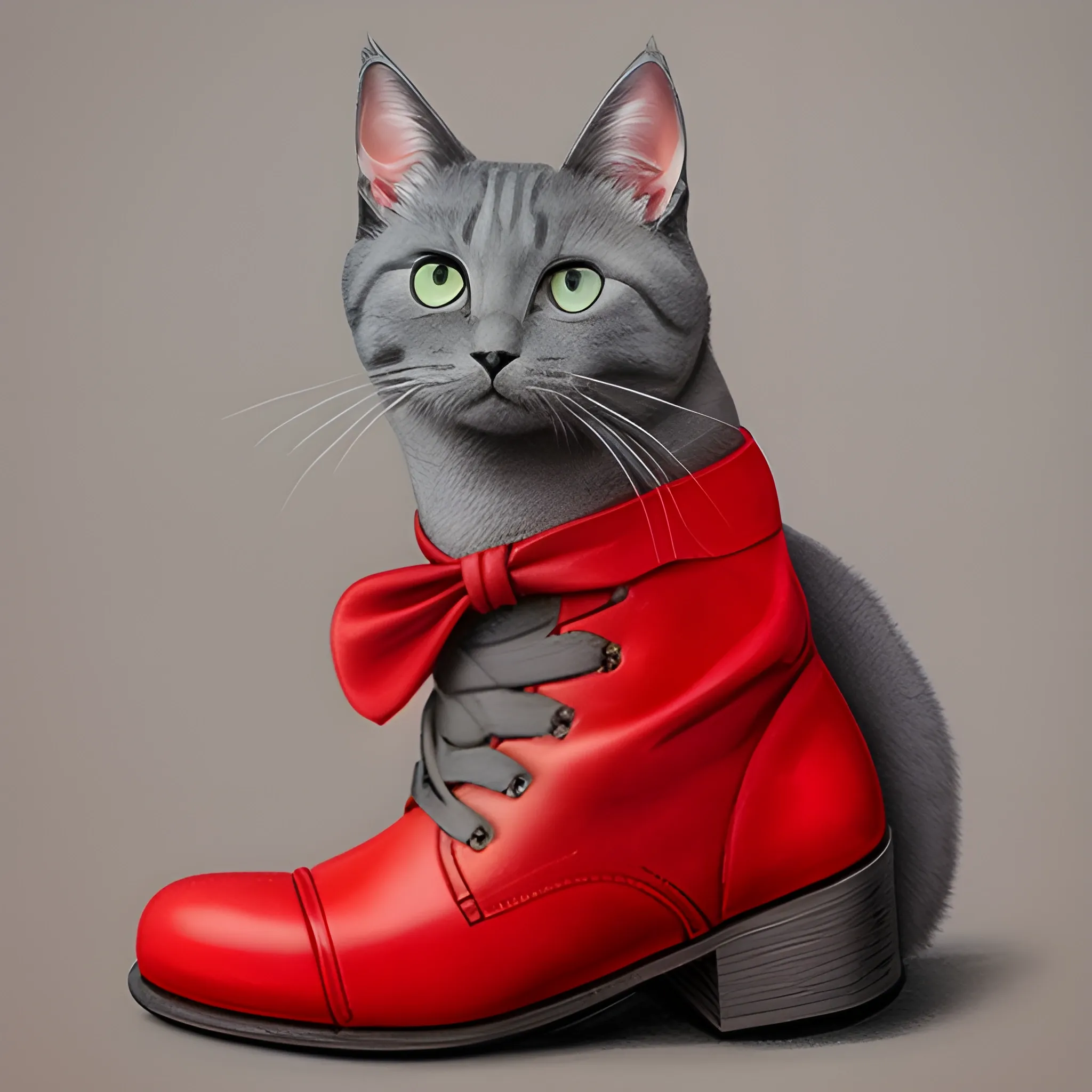 gray cat with red tie and photorealistic red boots