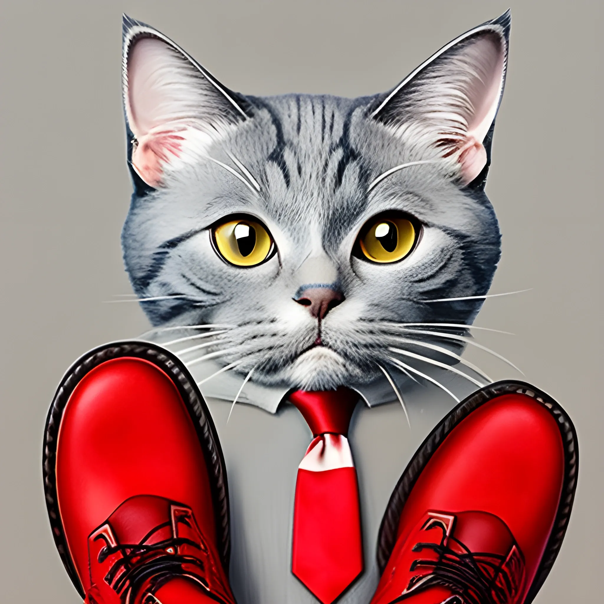 a portrait gray cat with red tie and red boots