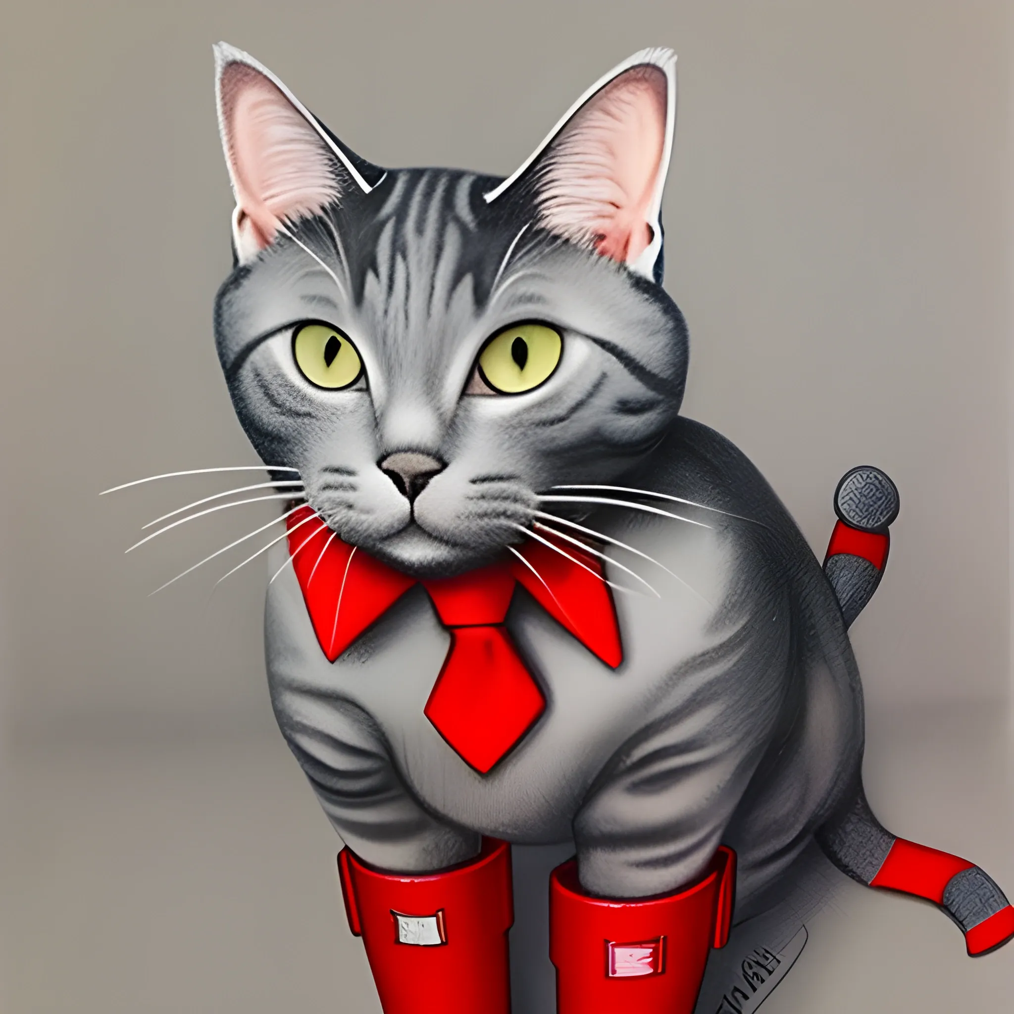 a portrait gray cat with red tie and red boots