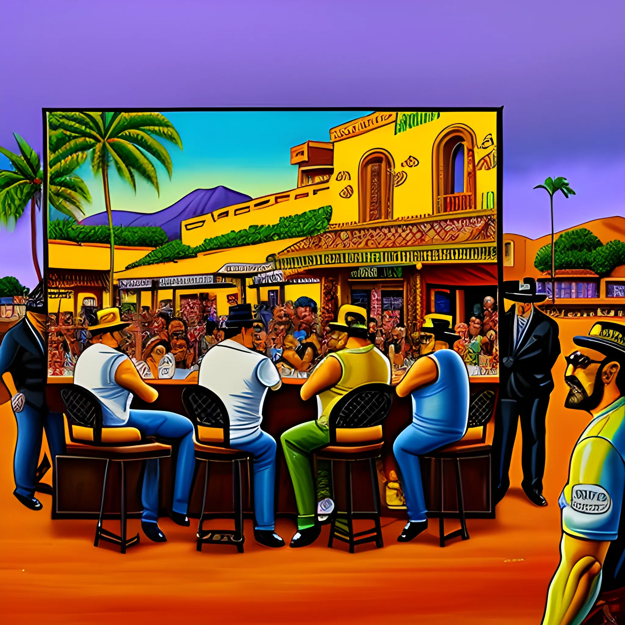 It is a painting where in the foreground is a group of Mexican mafia teenagers rappers negotiating while talking in a bar in Culiacán, Sinaloa. In the background, a musical band plays corridos. The painting has a Simpsons style of oil on canvas, Oil Painting, Oil Painting, Cartoon