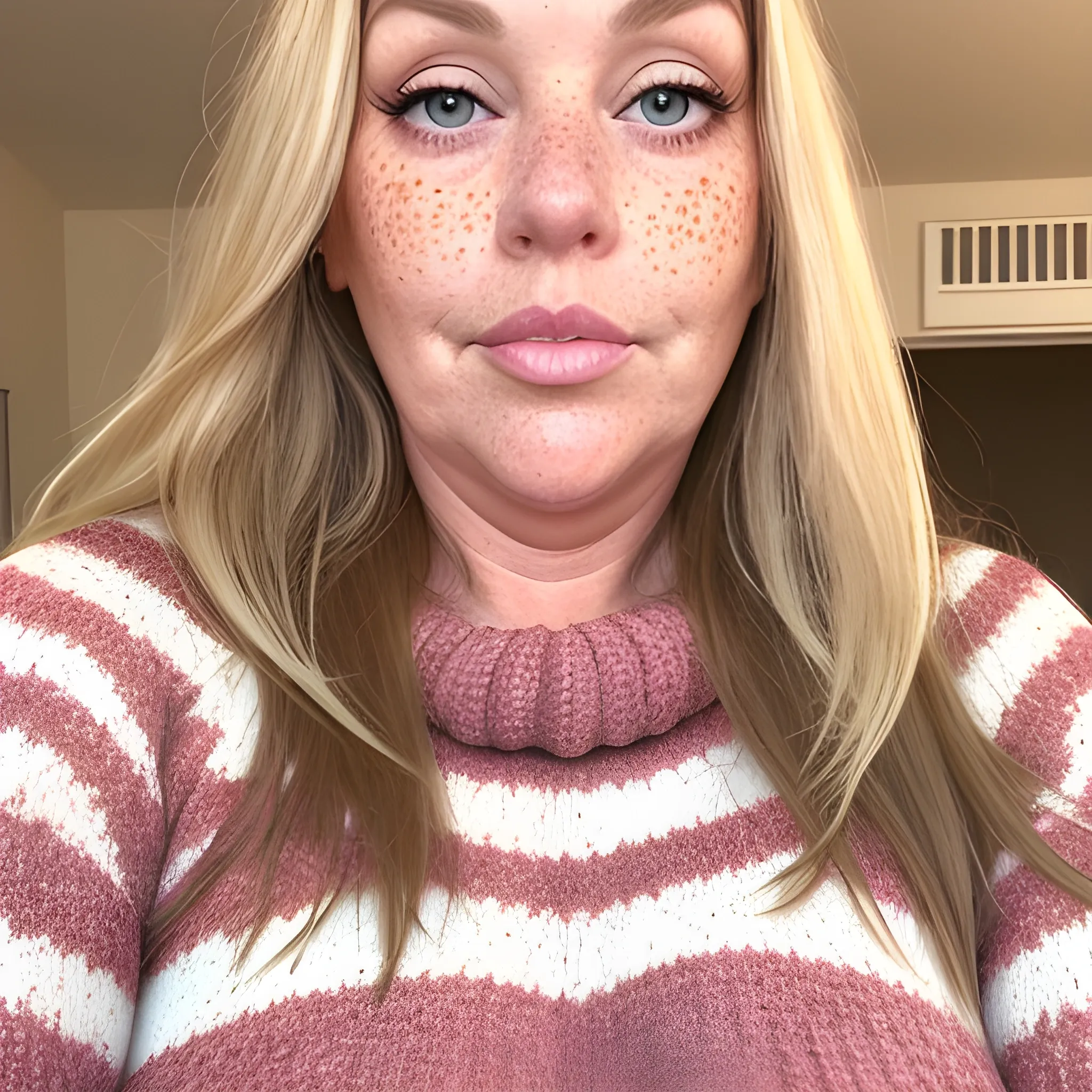 Tall beautiful plus sized, buxom, ample, early middle-aged American Woman, long straight blonde hair, full lips, full face, freckles, fitted mauve Red sweater, looking down at the camera, up close pov, detailed 