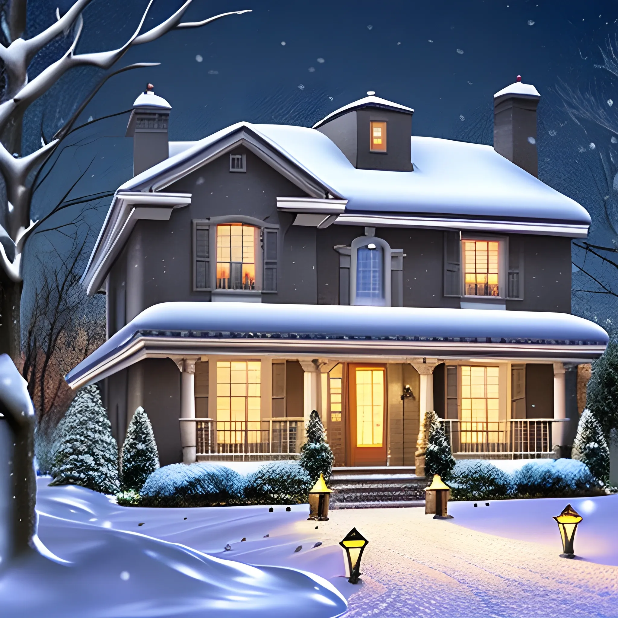 House with snow, with a garden in front and lanterns, it is snowing, the family is together, they are going to dinner, it is a beautiful night, with a starry sky, comfortable, children playing, photorealistic