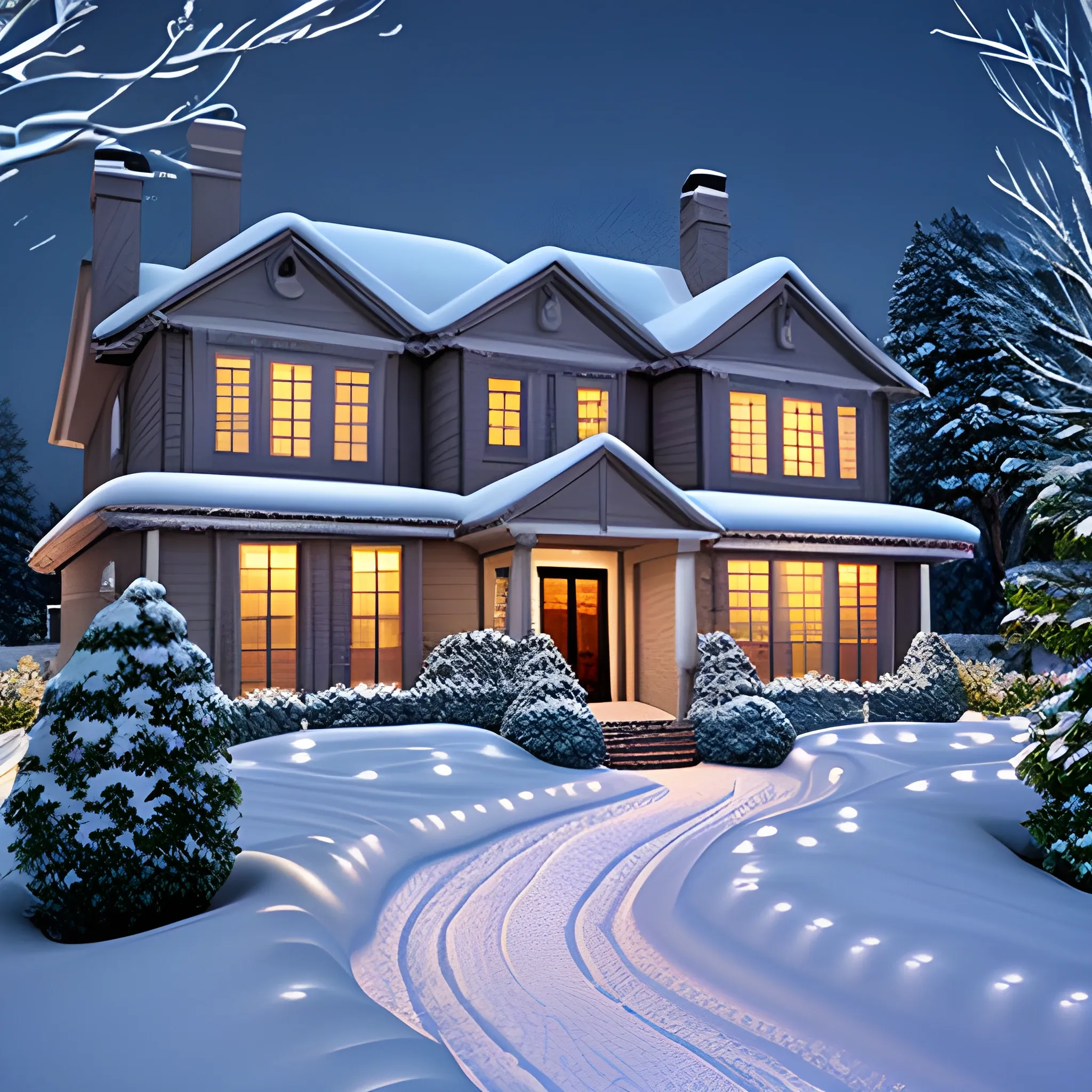 House with snow, with a garden in front and lanterns, it is snowing, the family is together, they are going to dinner, it is a beautiful night, with a starry sky, comfortable, children playing, photorealistic, 3d