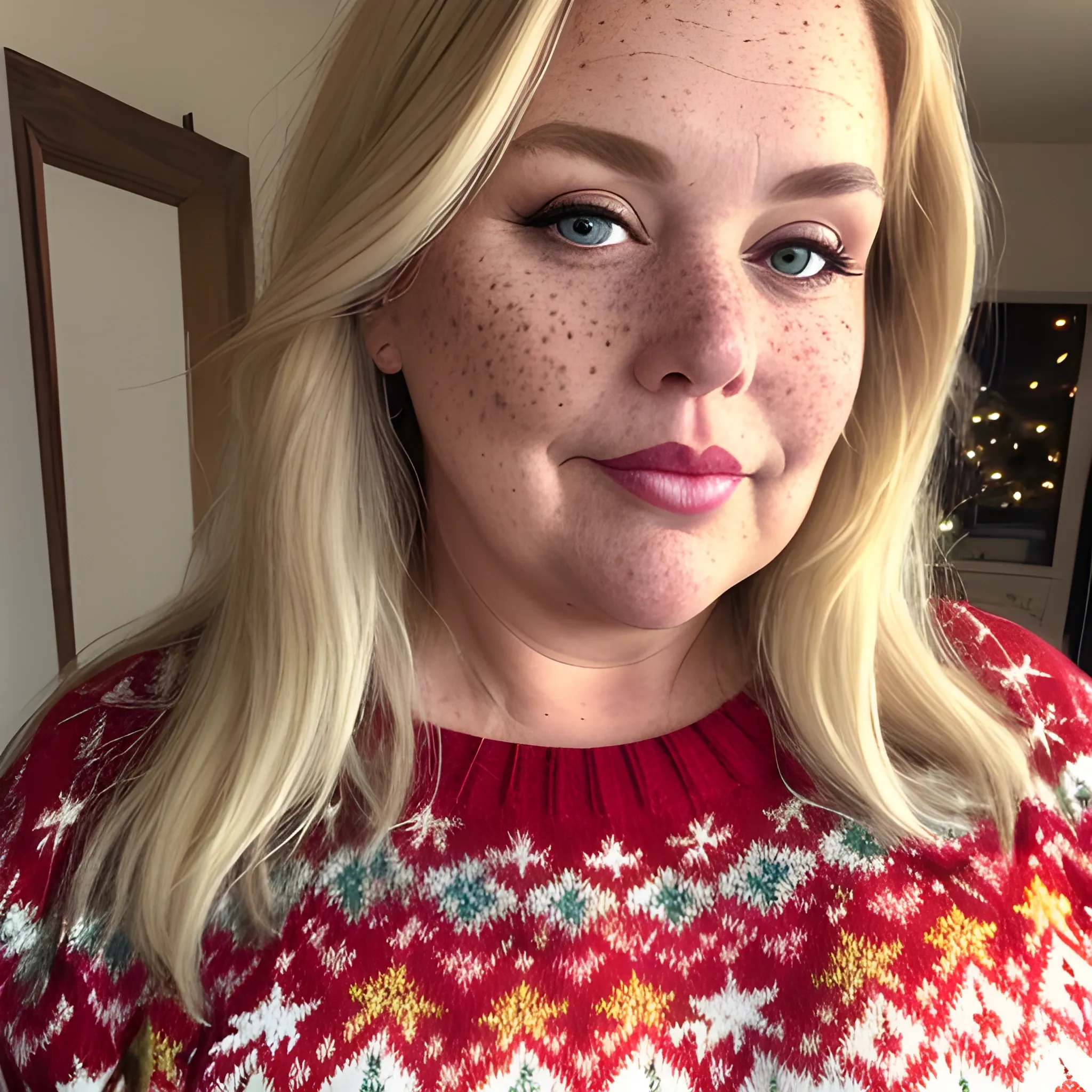 Tall beautiful plus sized, buxom, ample, early middle-aged American Woman, long straight blonde hair, full lips, full face, freckles, fitted festive sweater, looking down at the camera, up close pov, detailed 