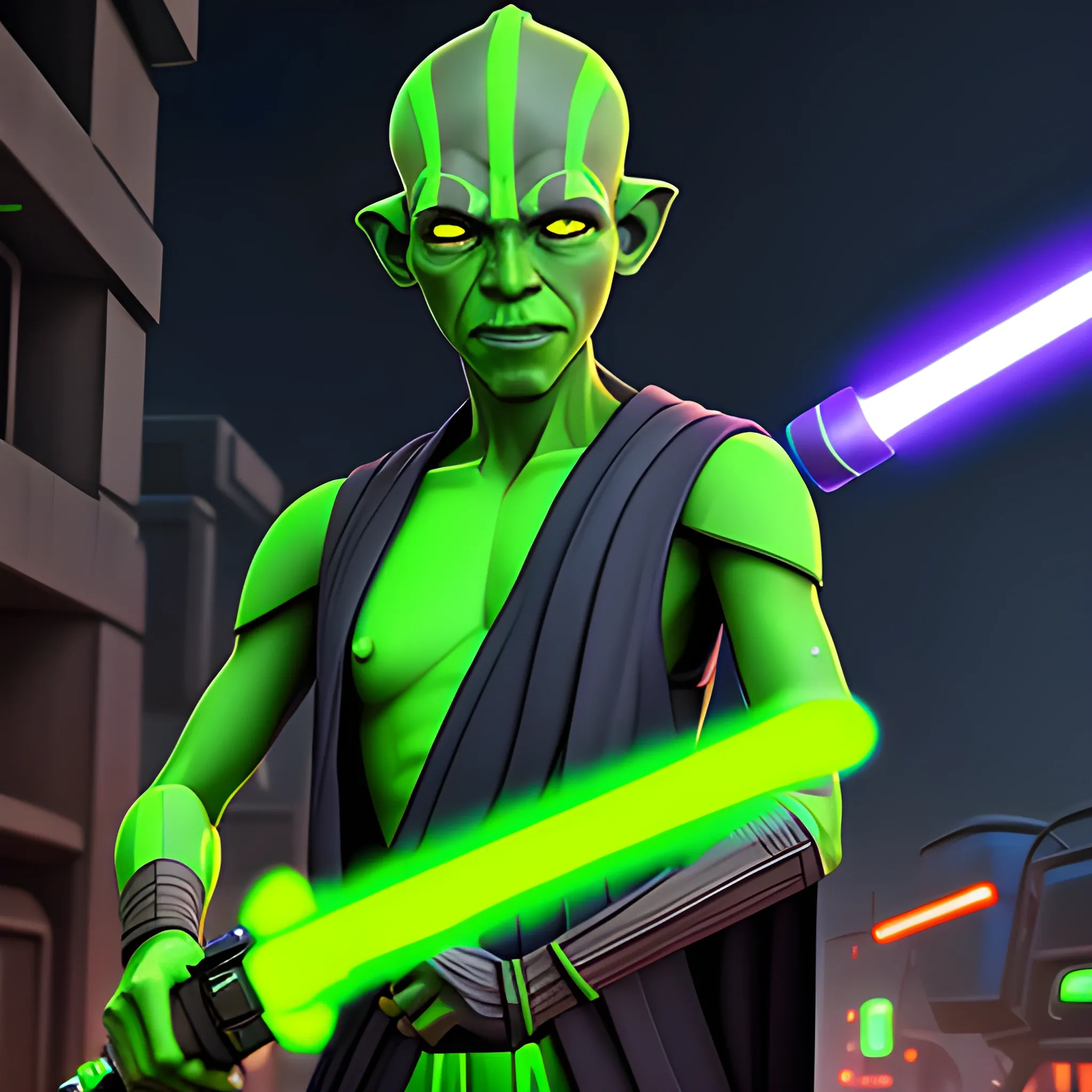 A Dathomirian Jedi, with a green lightsaber on a neon lit street.