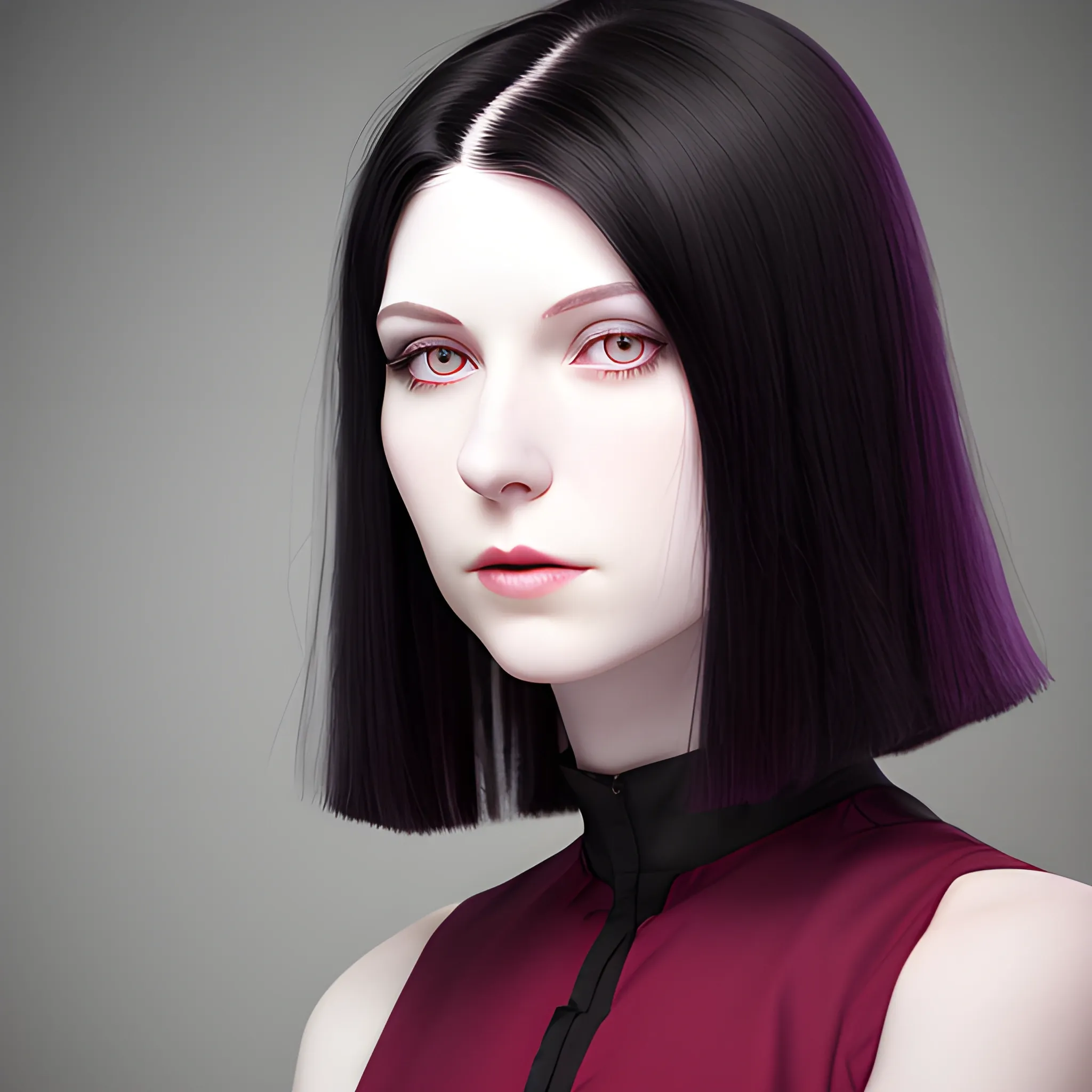 headshot of a female with pale skin, shoulder length black hair, violet eyes in a red sleeved clothing