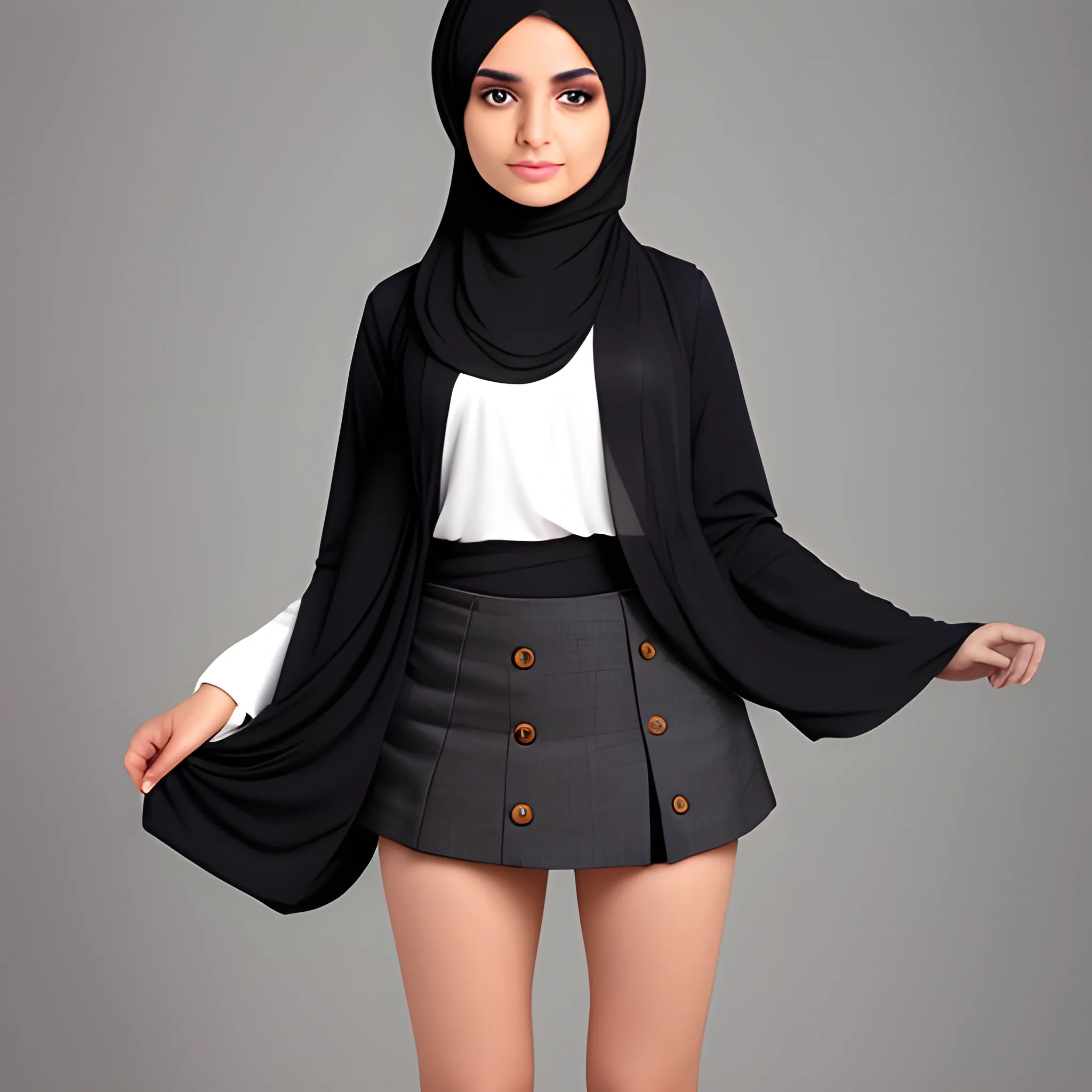 hijabi wearing mini skirt, looking camera