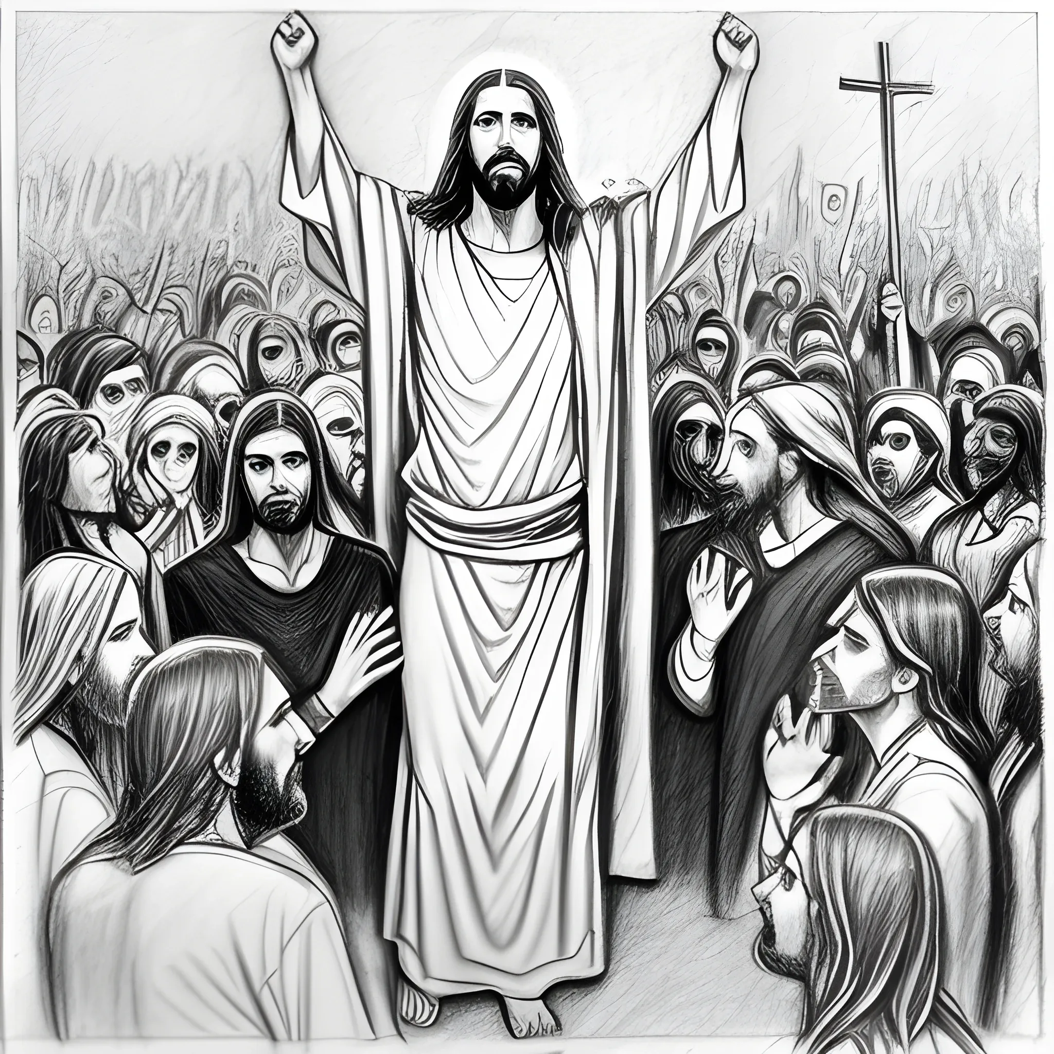 Jesus protesting crowd people around him
, Pencil Sketch