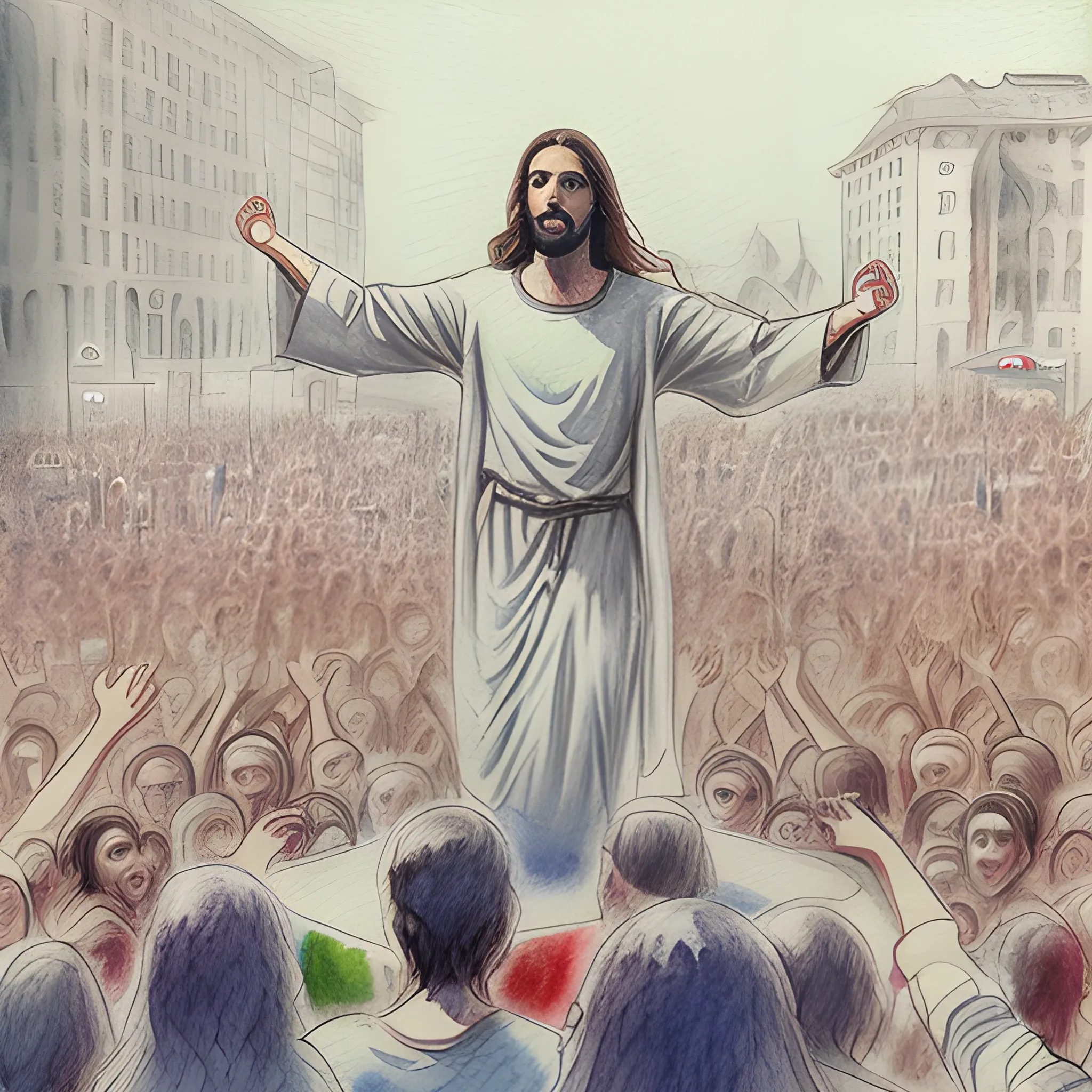 Jesus protesting crowd people around him
, Pencil Sketch, Water Color