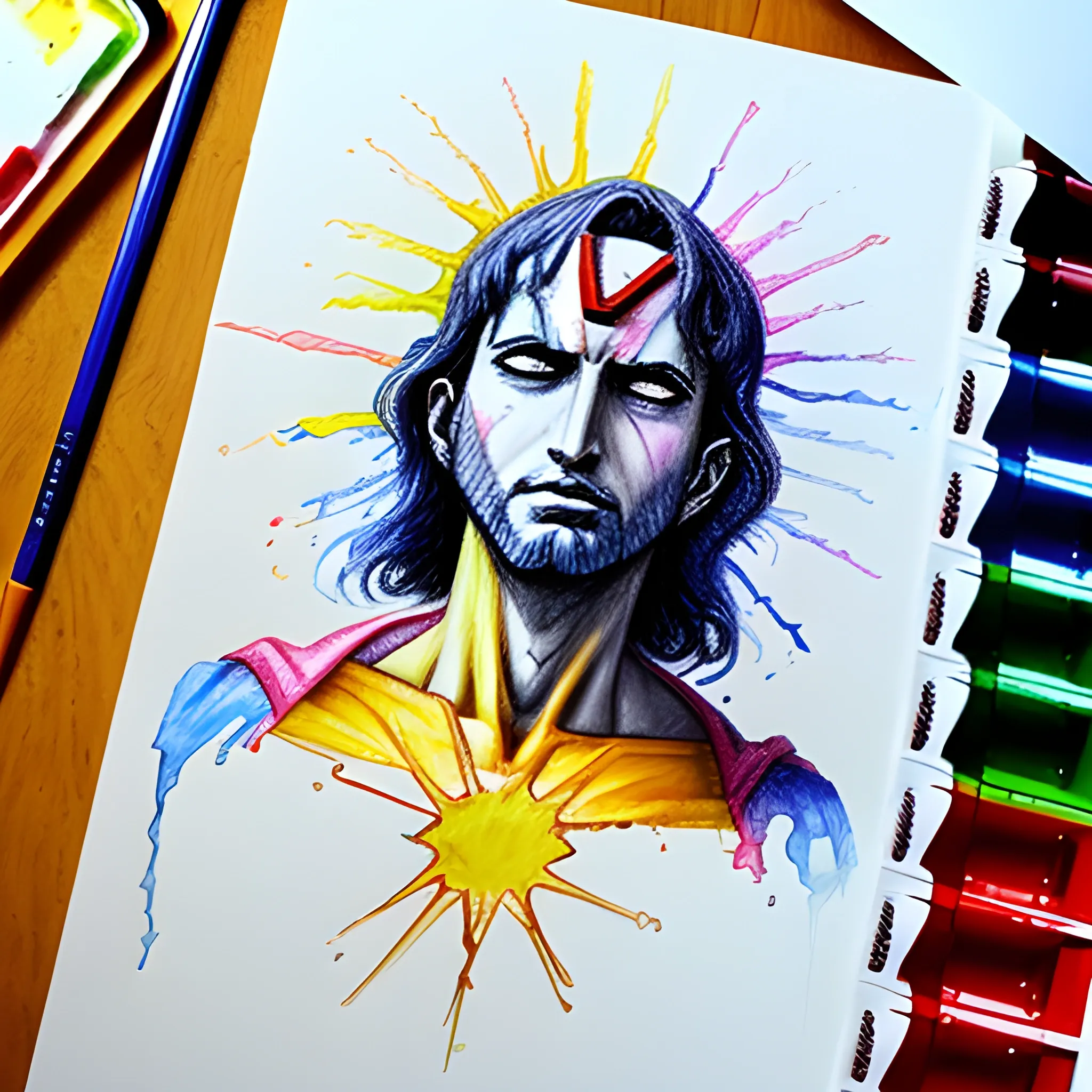God showing super power, Water Color, Pencil Sketch