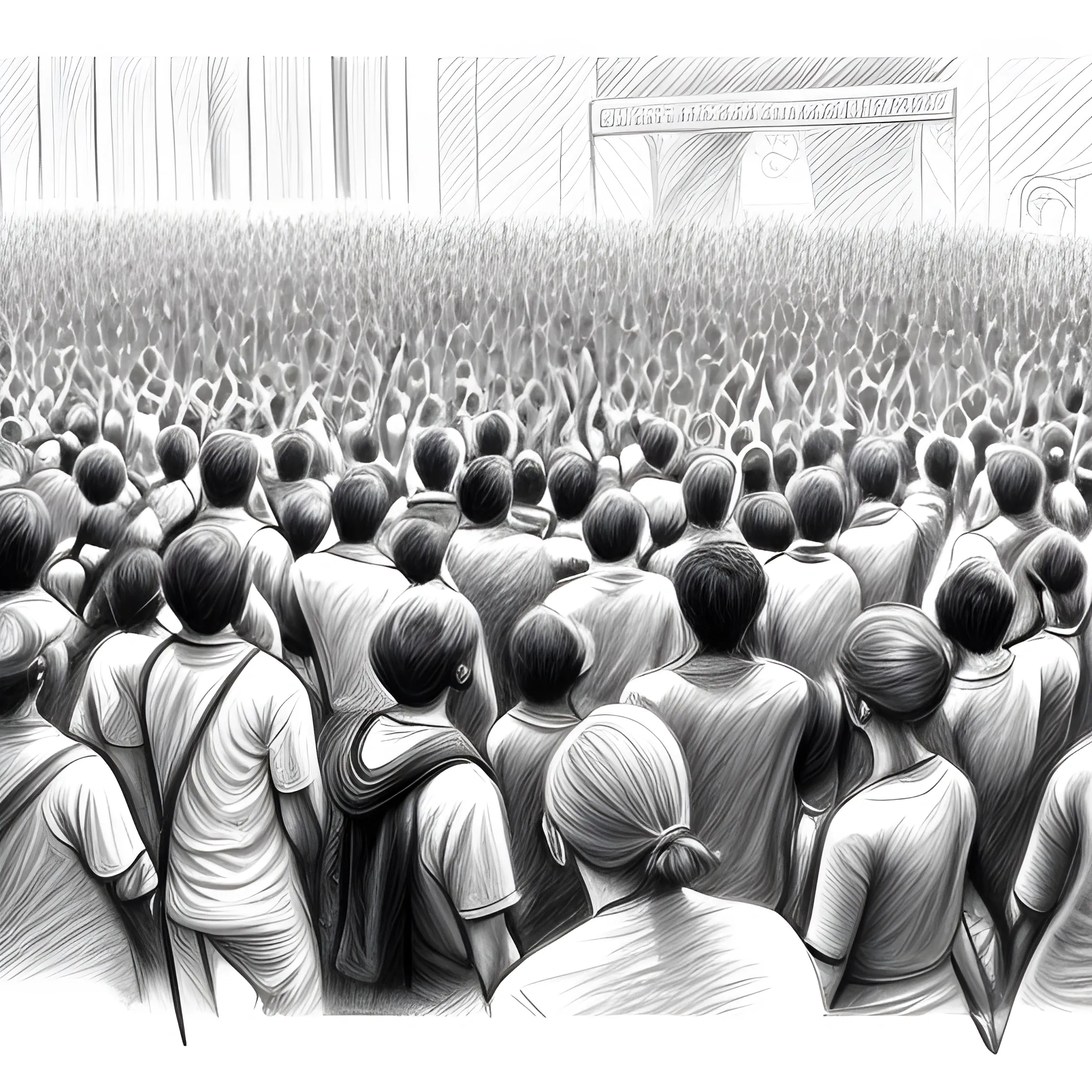 Crowd of followers calmly standing , Pencil Sketch