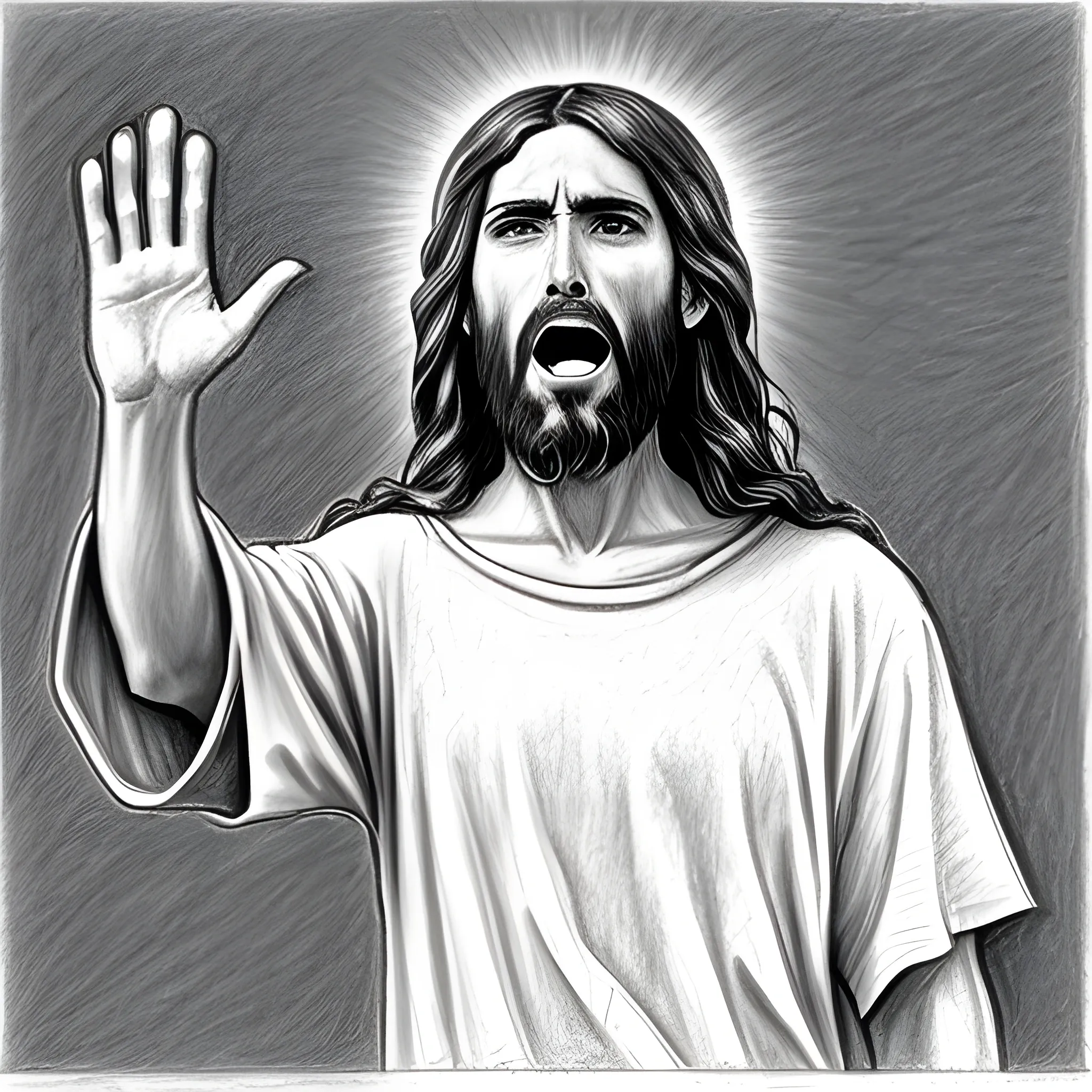Jesus protesting raising one hand and shouting , Pencil Sketch