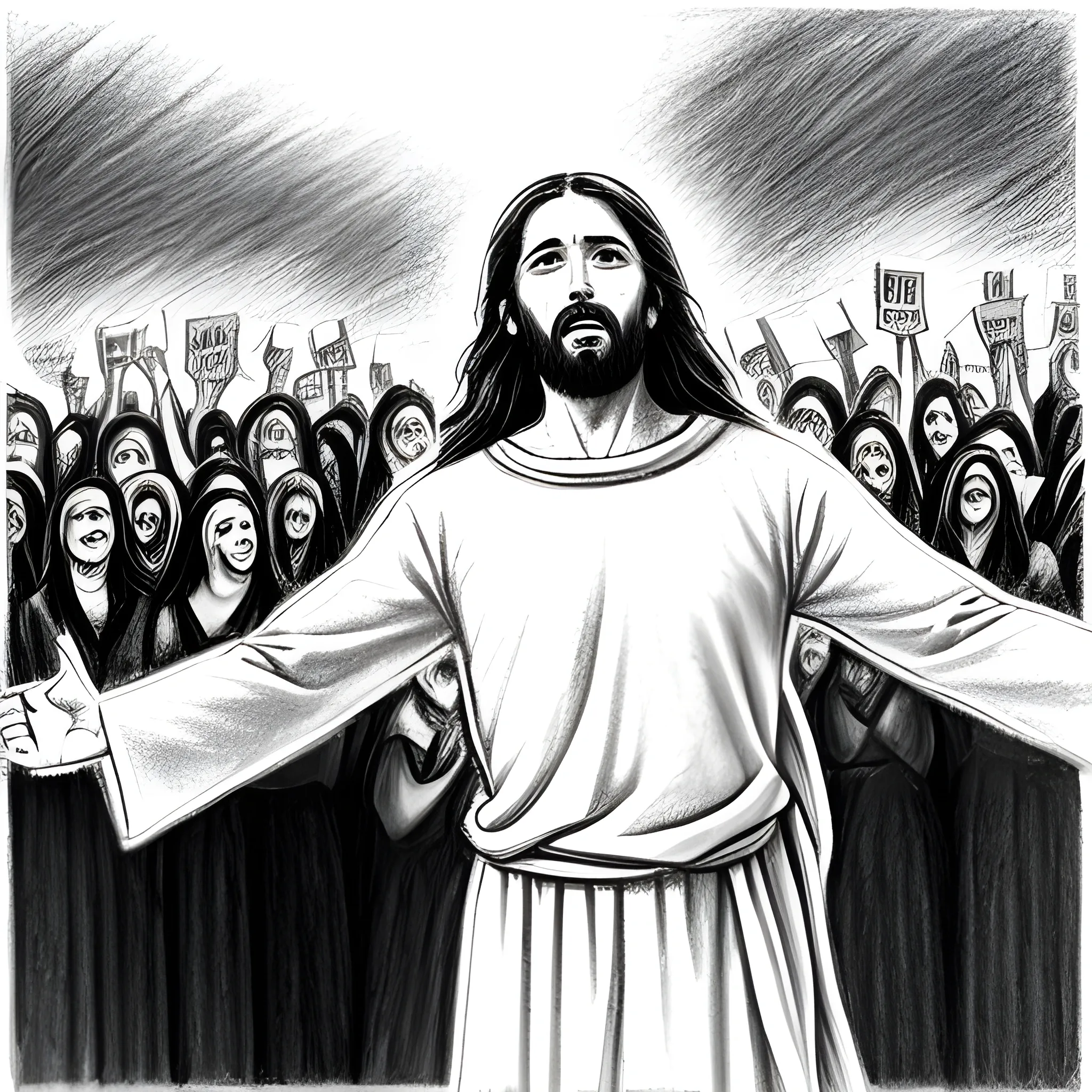 Jesus protesting raising one hand infront of crowd and shouting , Pencil Sketch