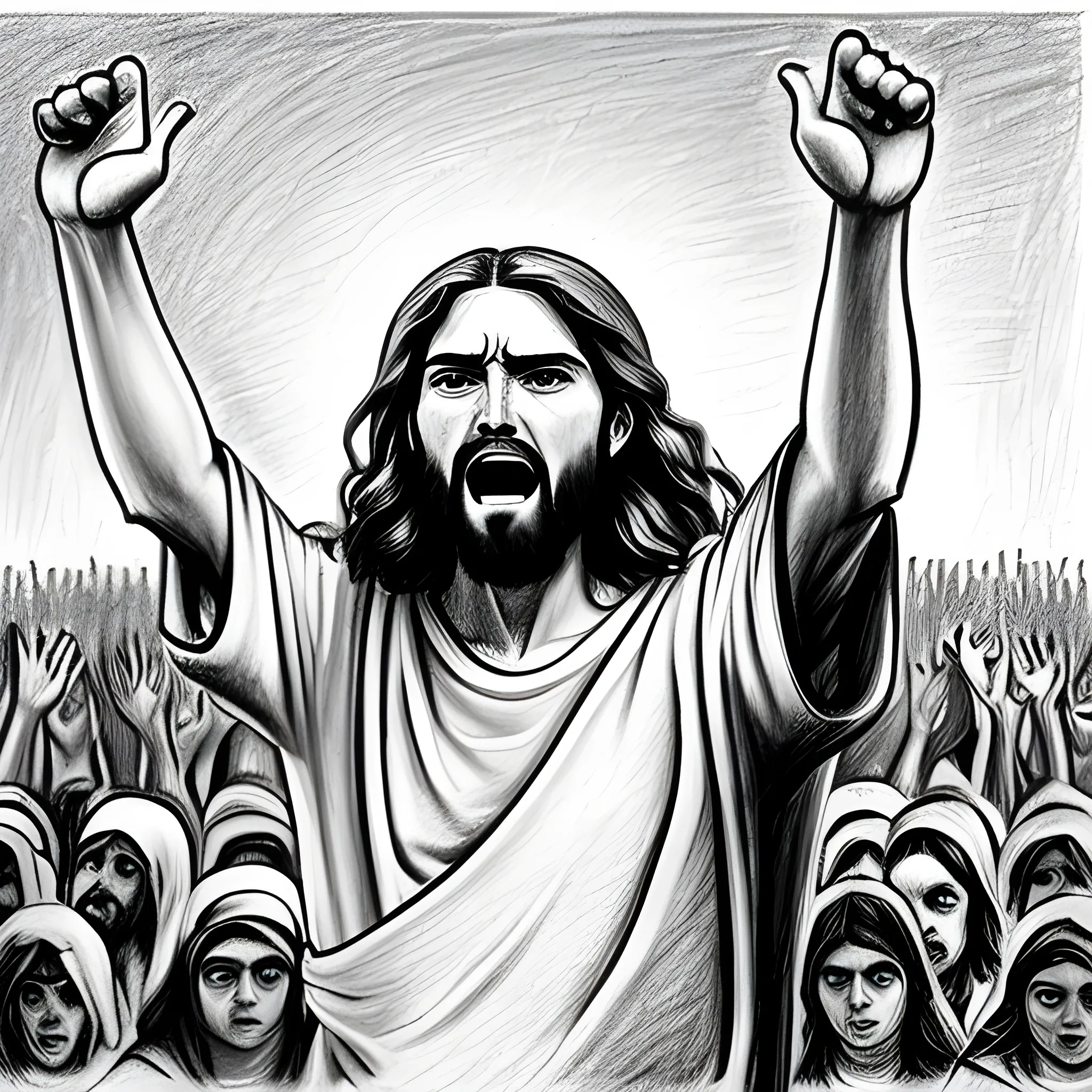 Jesus protesting raising one hand infront of crowd, wide imageand shouting , Pencil Sketch