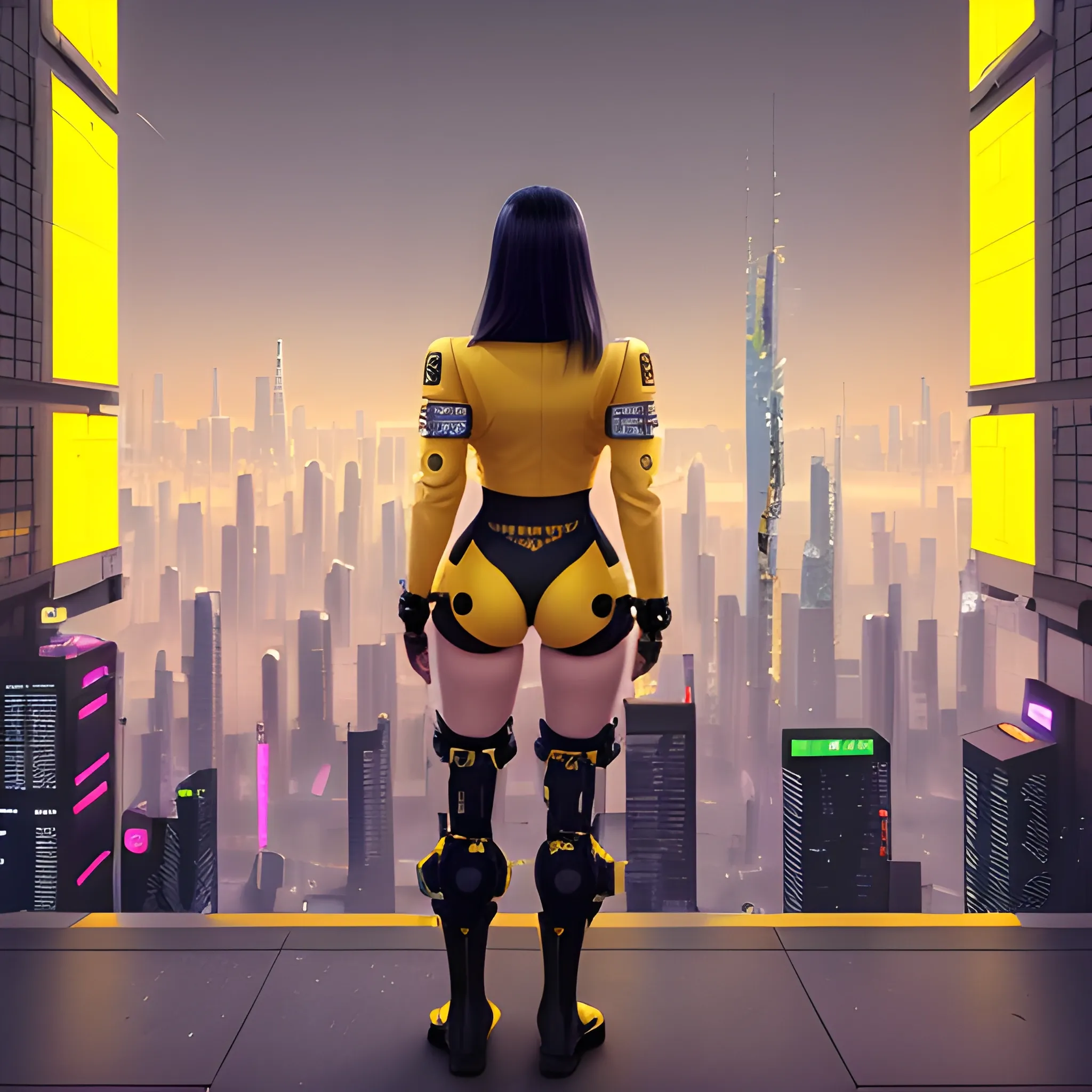 a woman in a yellow outfit and black boots stands in front of a city, cyberpunk art by Kim Hong-do, cgsociety, retrofuturism, cgsociety 9, full body cgsociety, worksafe.cgsociety