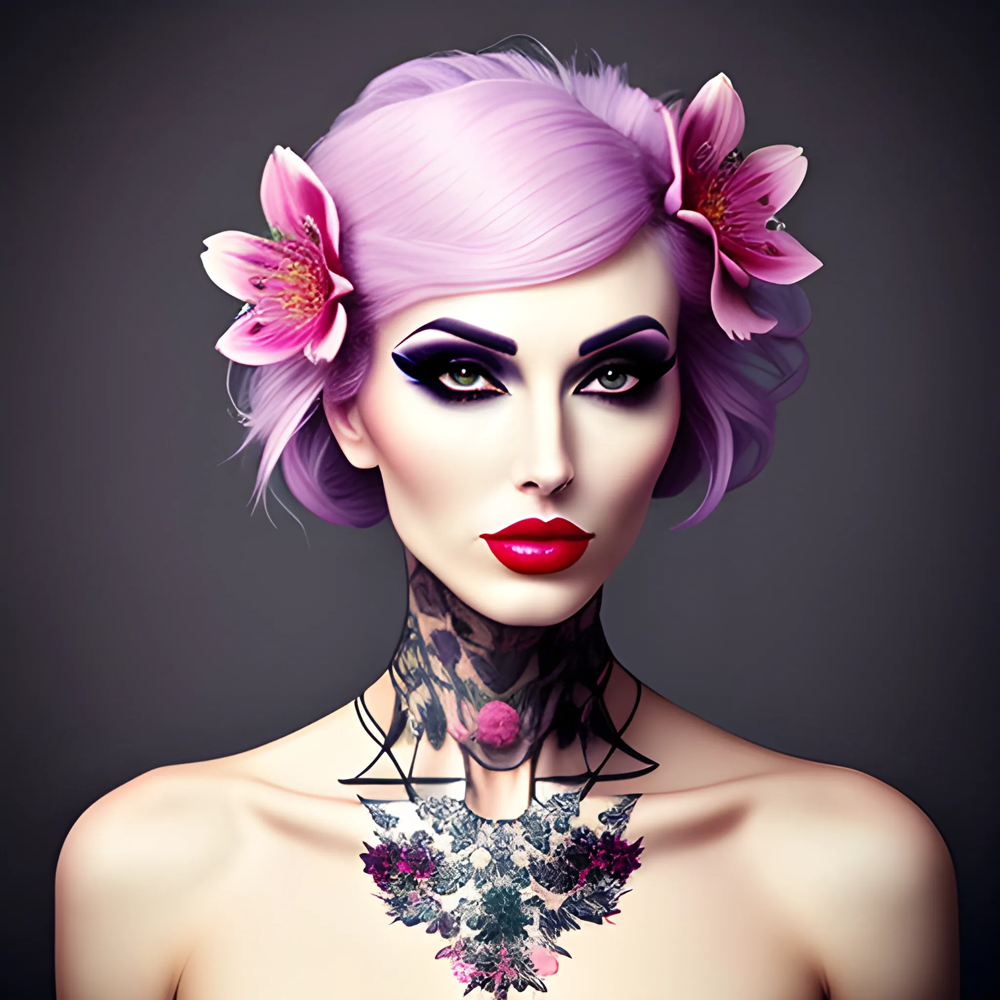 Portrait of a beautiful girl in bloom, mysterious and elegant floral punk fashion