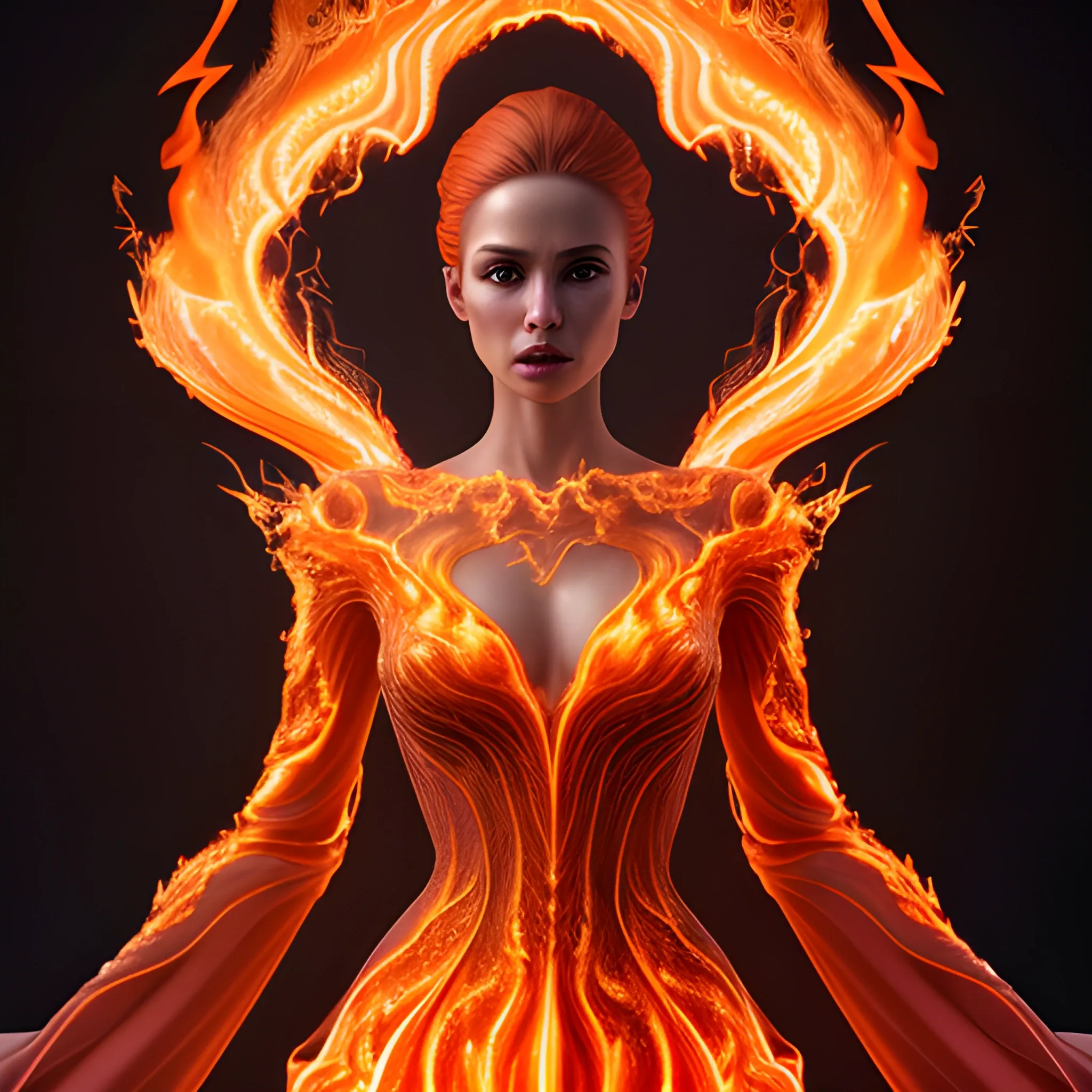 A breathtaking woman made entirely of flame, dressed in a luxurious gown of flickering fire. Hyper-realistic rendering, thoughtful attention to detail on the dress and 3D lighting effects create a stunning visual effect. Ultra-high 4K resolution with thoughtful lighting, shadows and reflections., Trippy