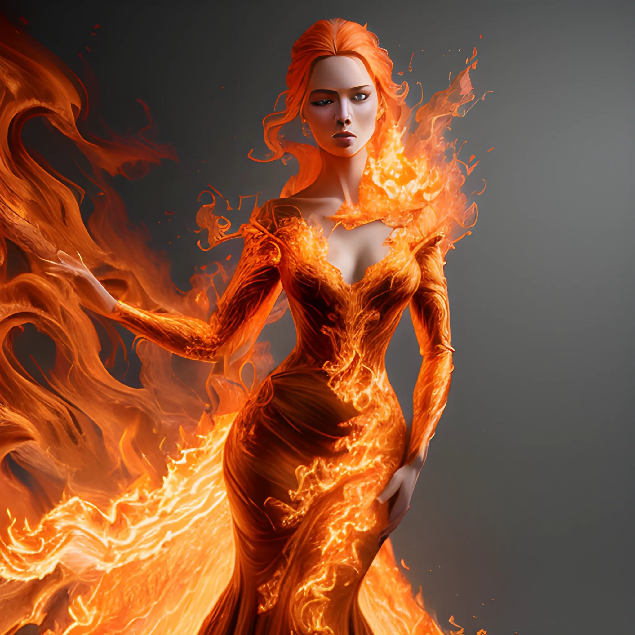 A breathtaking woman made entirely of flame, dressed in a luxurious gown of flickering fire. Hyper-realistic rendering, thoughtful attention to detail on the dress and 3D lighting effects create a stunning visual effect. Ultra-high 4K resolution with thoughtful lighting, shadows and reflections., Trippy, Pencil Sketch