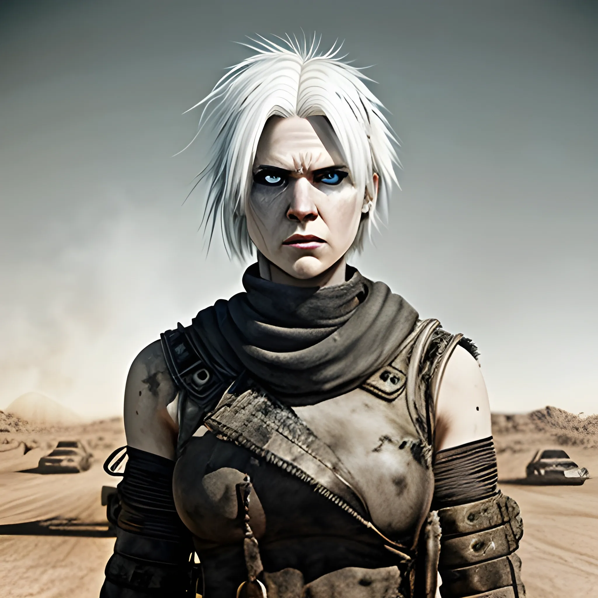 White hair female in mad max style wasteland