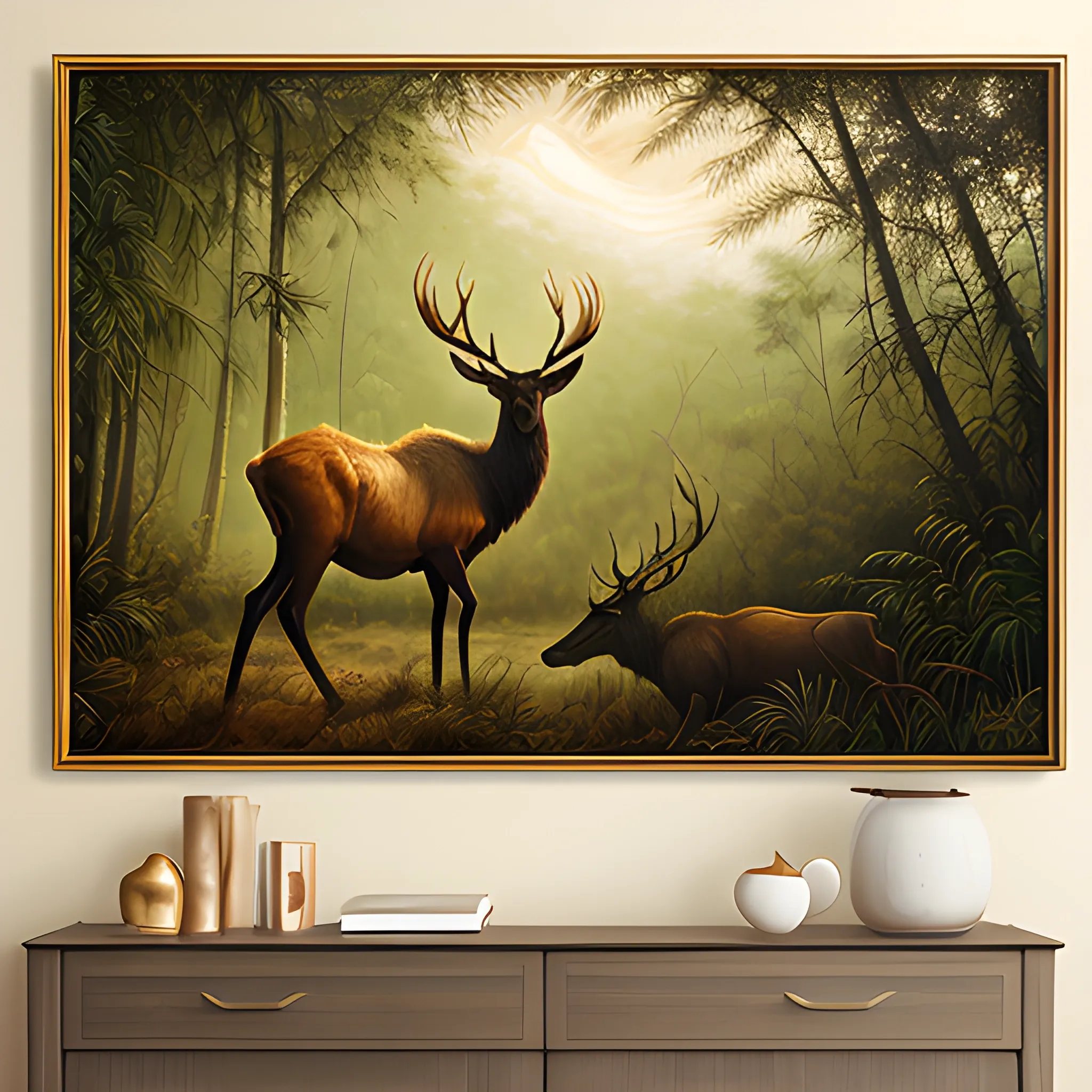 Elk in the jungle, warm tones at dusk, realistic oil painting style