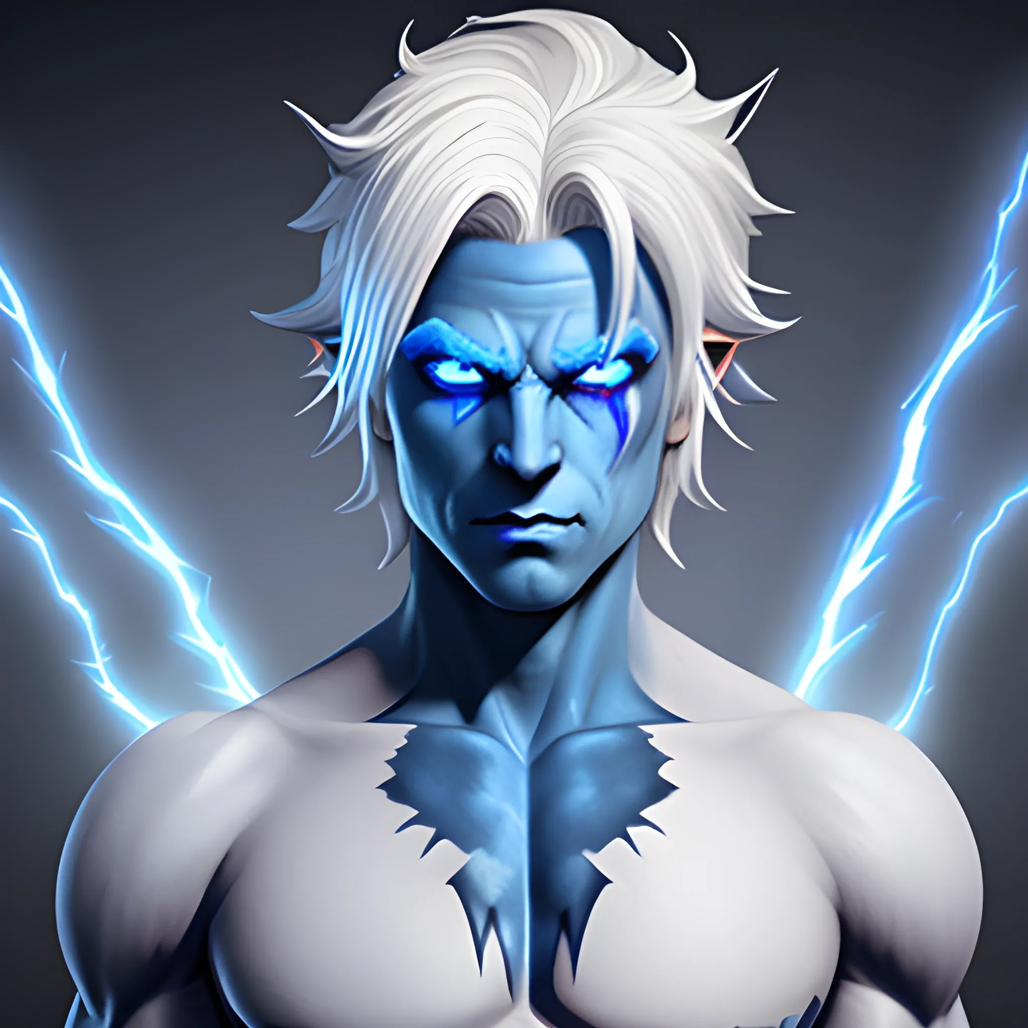 blue tiefling with dynamic white hair lightning scar across eye