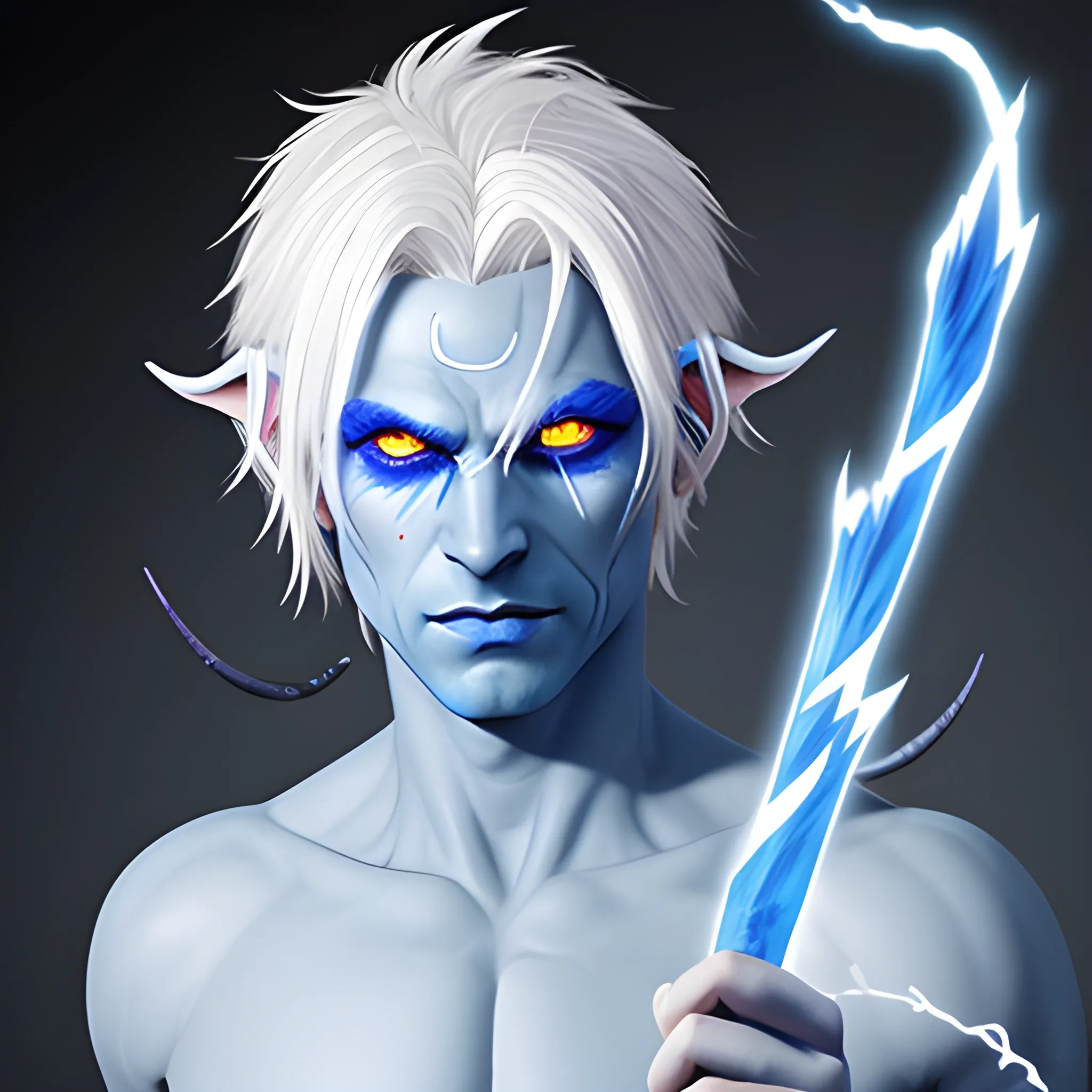 blue tiefling with dynamic white hair lightning scar across eye