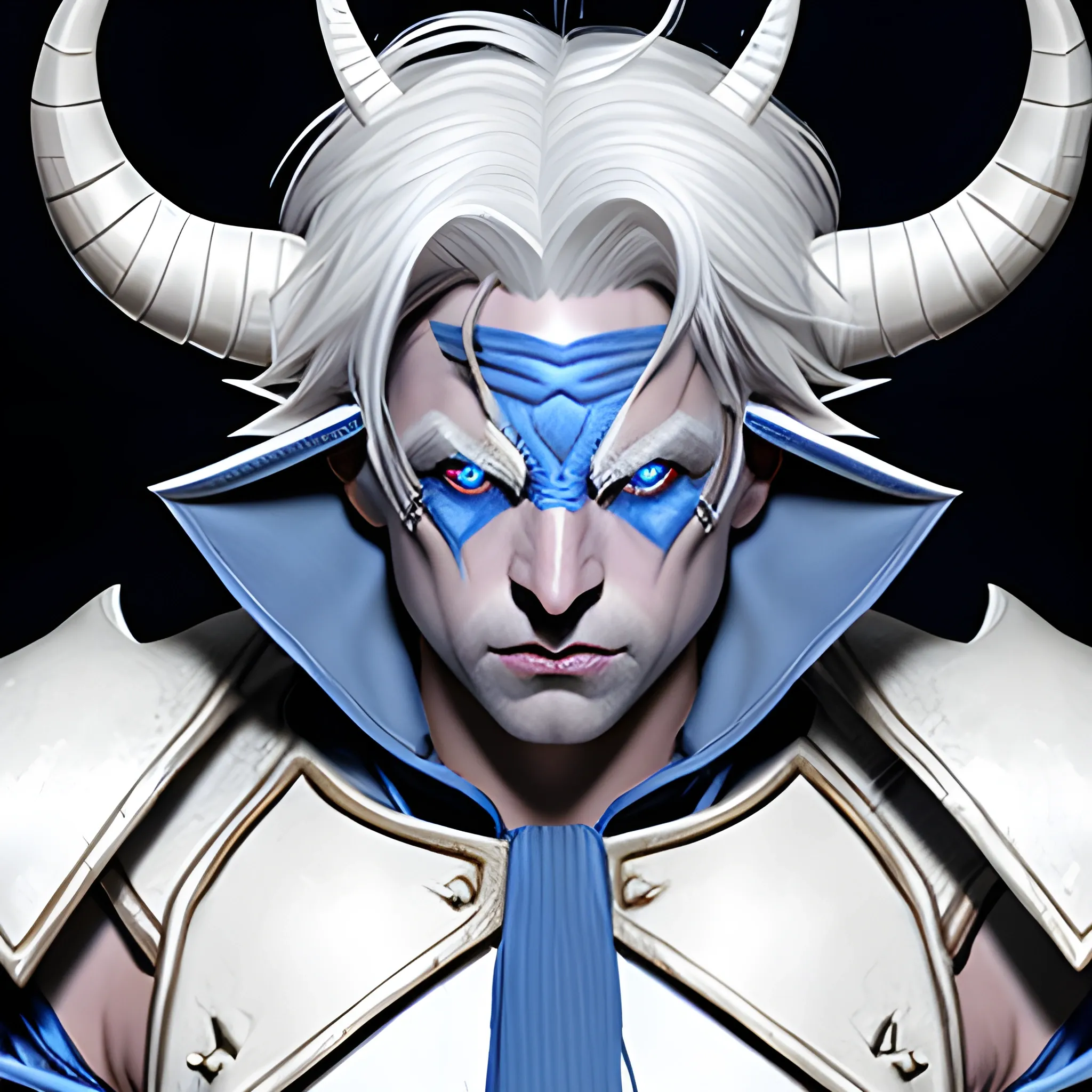 blue tiefling with dynamic horns wearing white armor with dynamic white hair lightning scar across eye