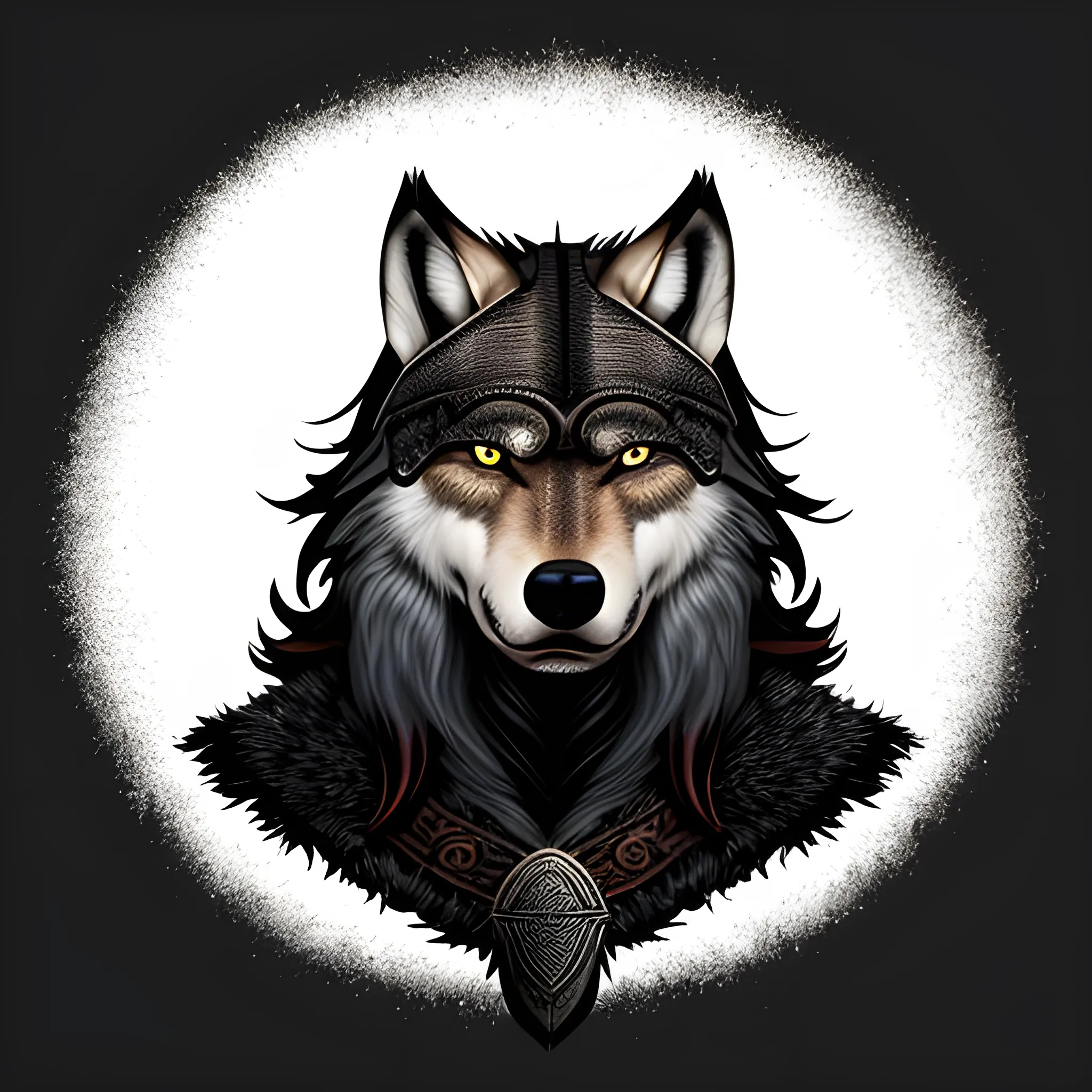 black background with a viking that looks like a wolf, Cartoon