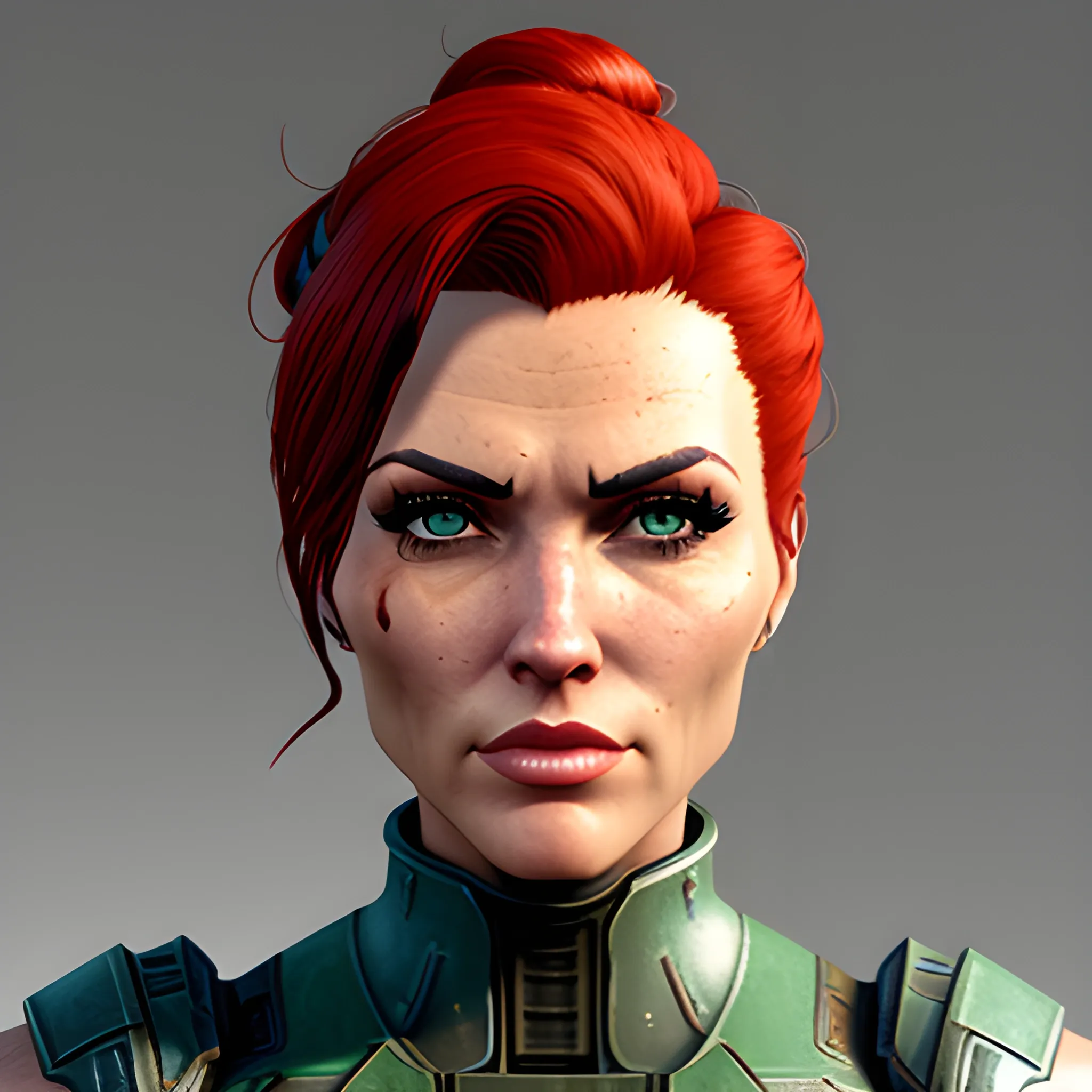 strong girl from Fallout 4, brotherhood of steel armor, pine-green eyes, red hair tied into a bun, 3D