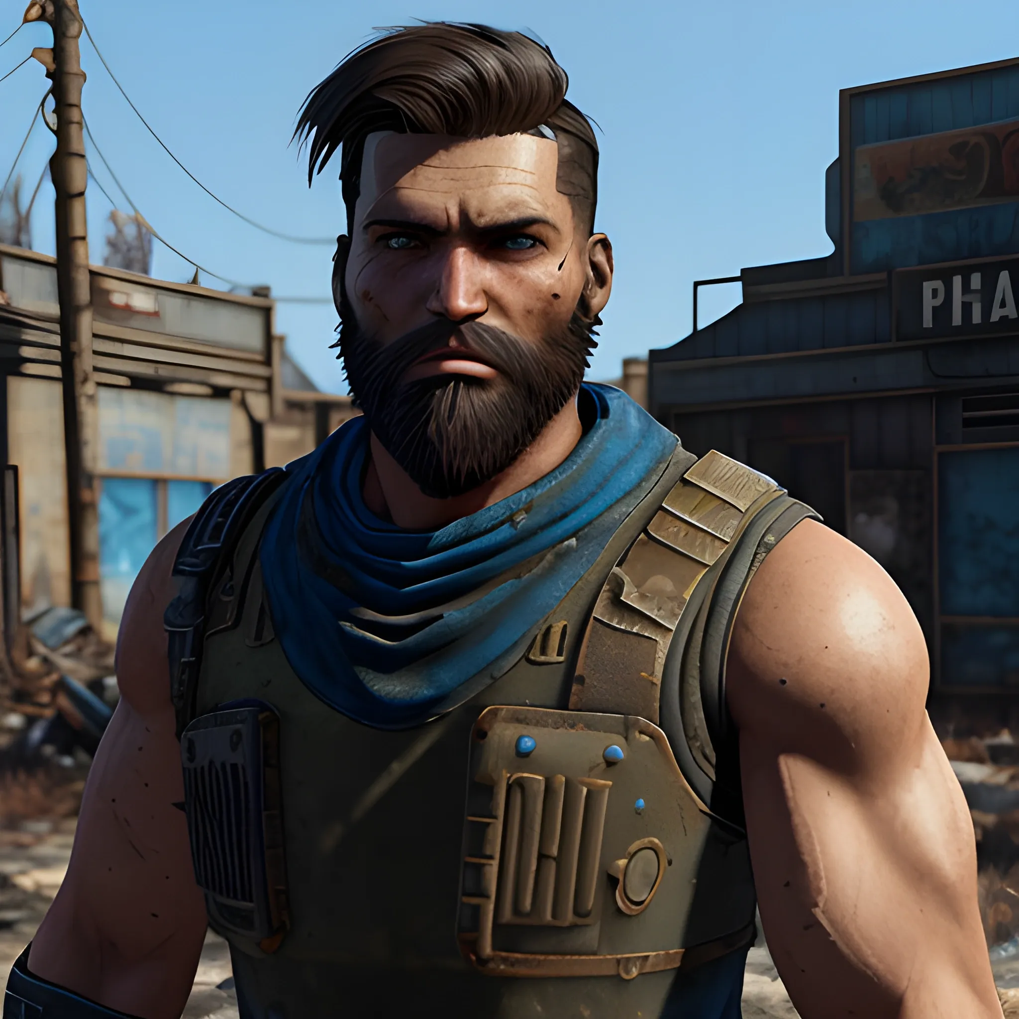 fallout 4 rugged male mercenary with Jet black cropped short with a few unruly strands, deep blue eyes, scruffy shorter beard on chisled jawline and bandana around neckline in weather-beaten armor, 3D