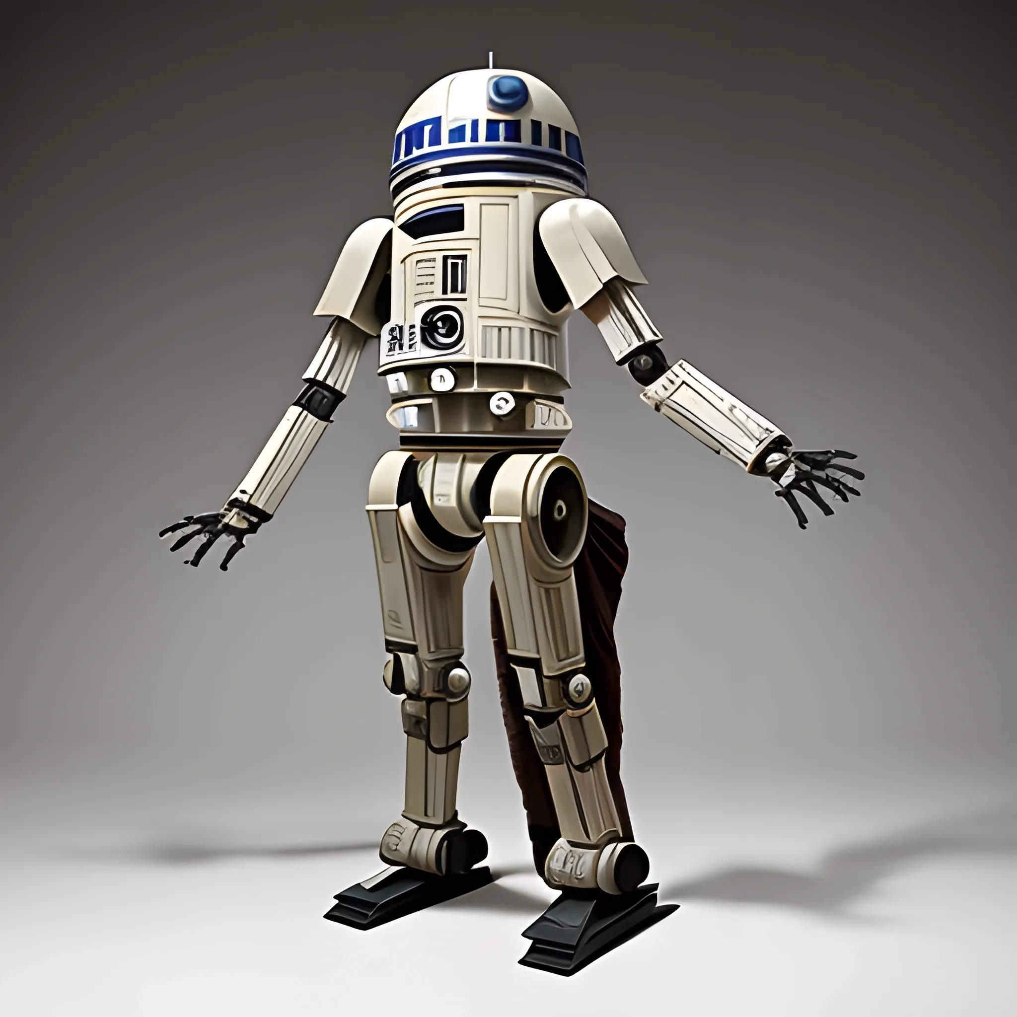 full body star wars character with the body of a super battle droid, the head of an astromech droid, and the limbs of a protocol droid